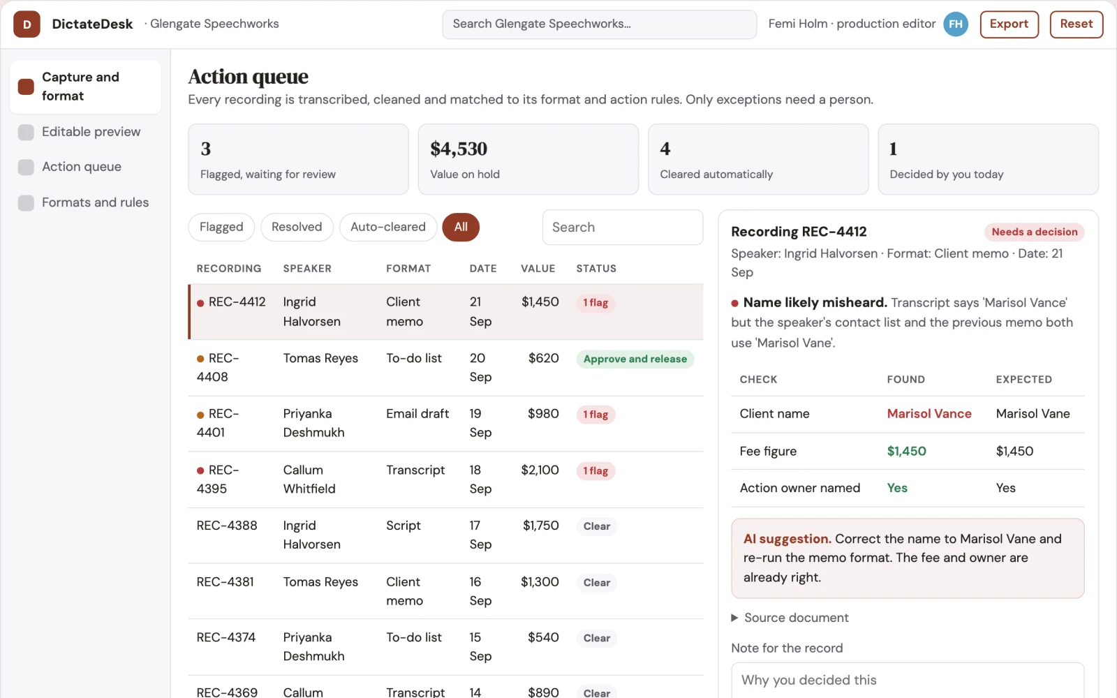Screenshot of the Spoken-word capture and action coordination portal interactive demo