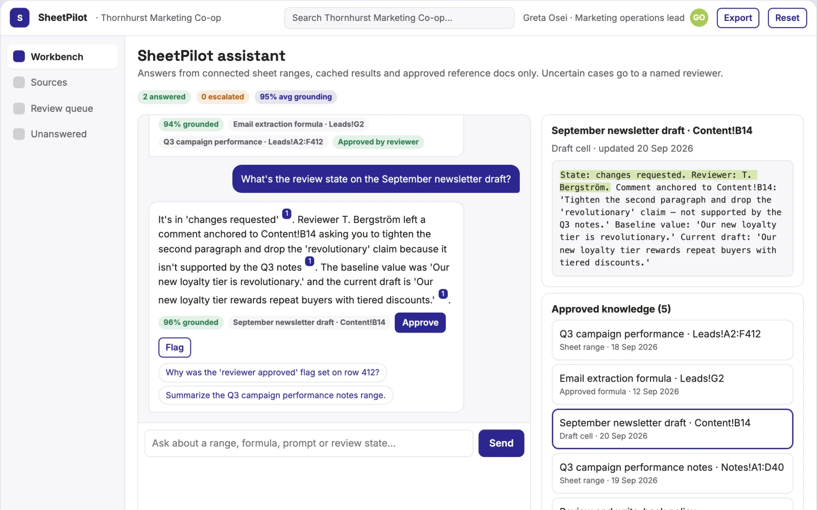 Screenshot of the Spreadsheet AI formula and analysis console interactive demo