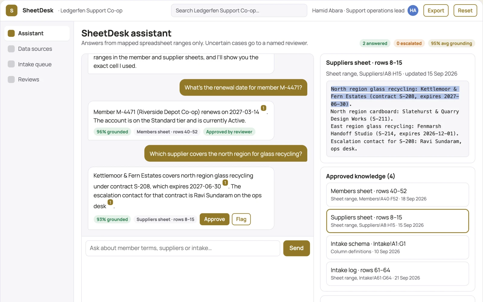 Screenshot of the Spreadsheet-backed support assistant and intake console interactive demo