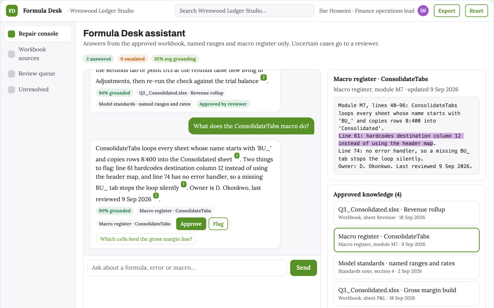 Screenshot of the Spreadsheet formula and macro repair console interactive demo