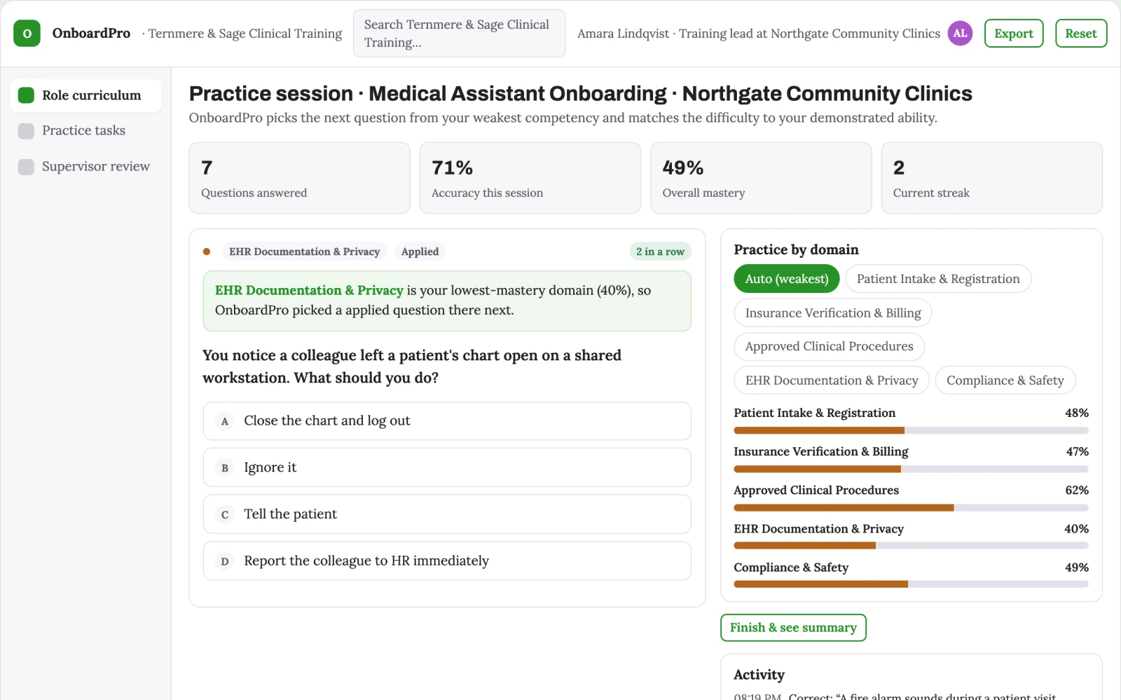 Demo screen of Staff onboarding academy