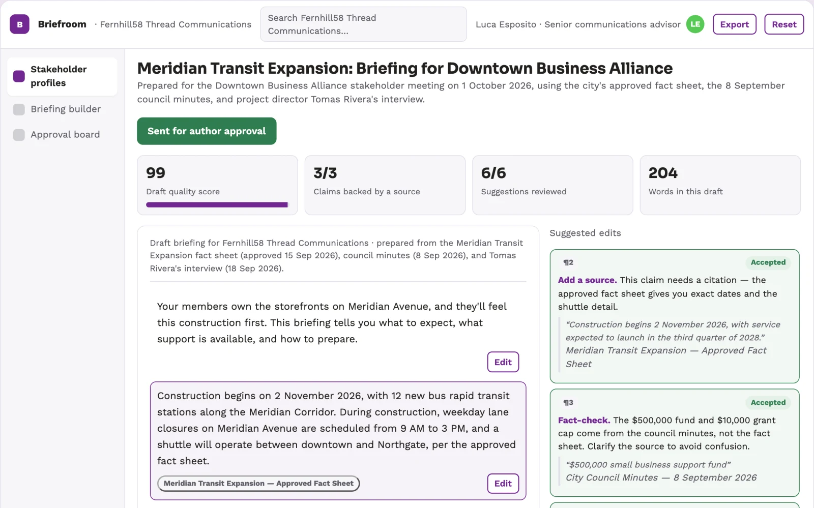 Demo screen of Stakeholder briefing platform