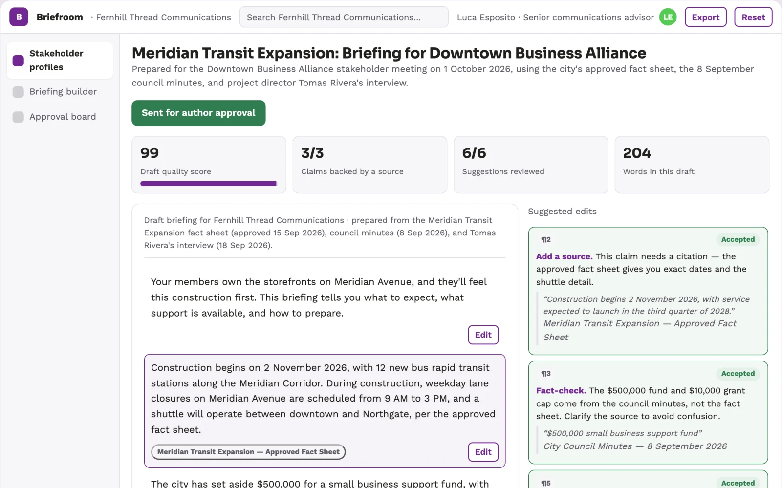 Screenshot of the Stakeholder briefing platform interactive demo
