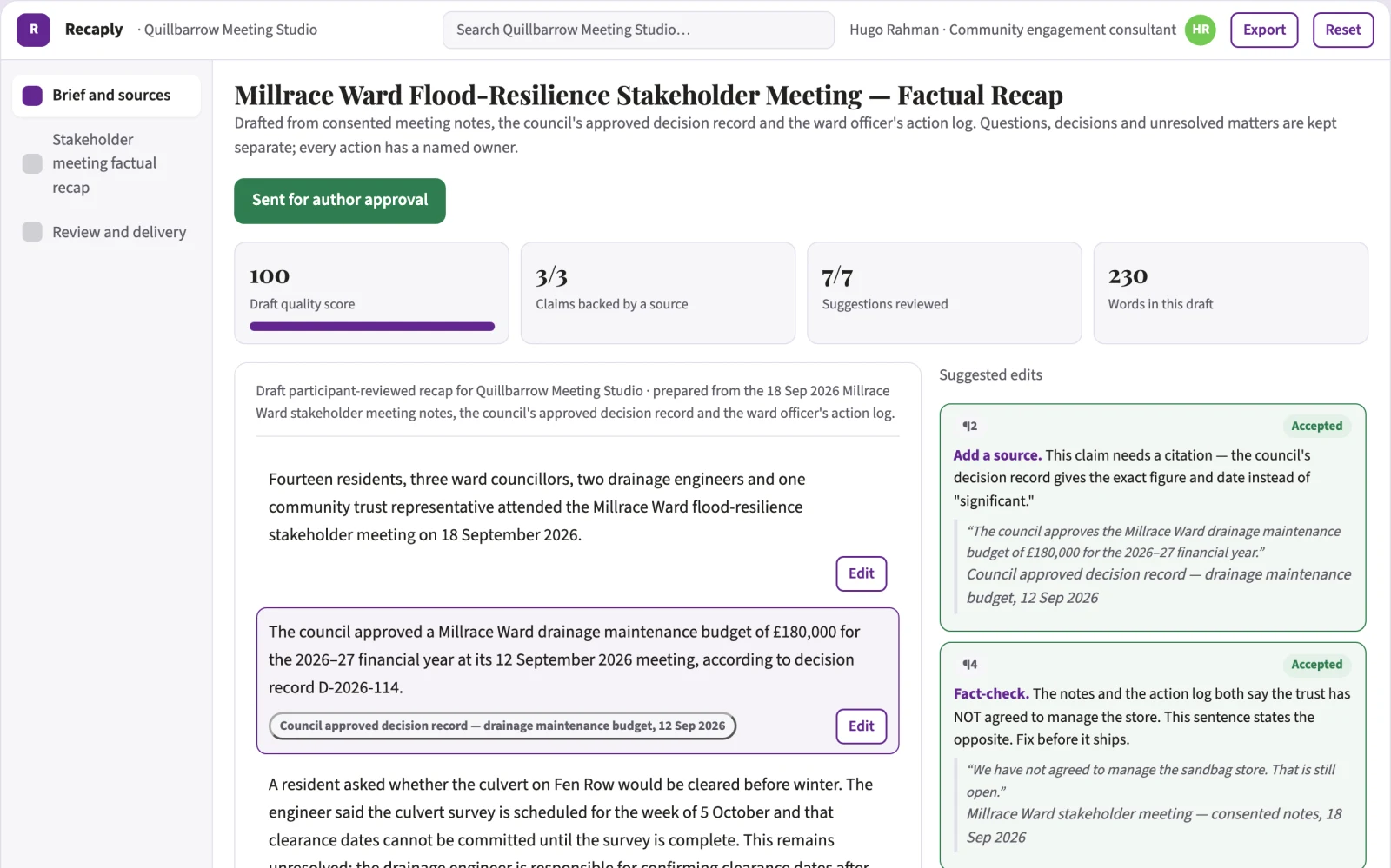 Screenshot of the Stakeholder meeting factual recap interactive demo
