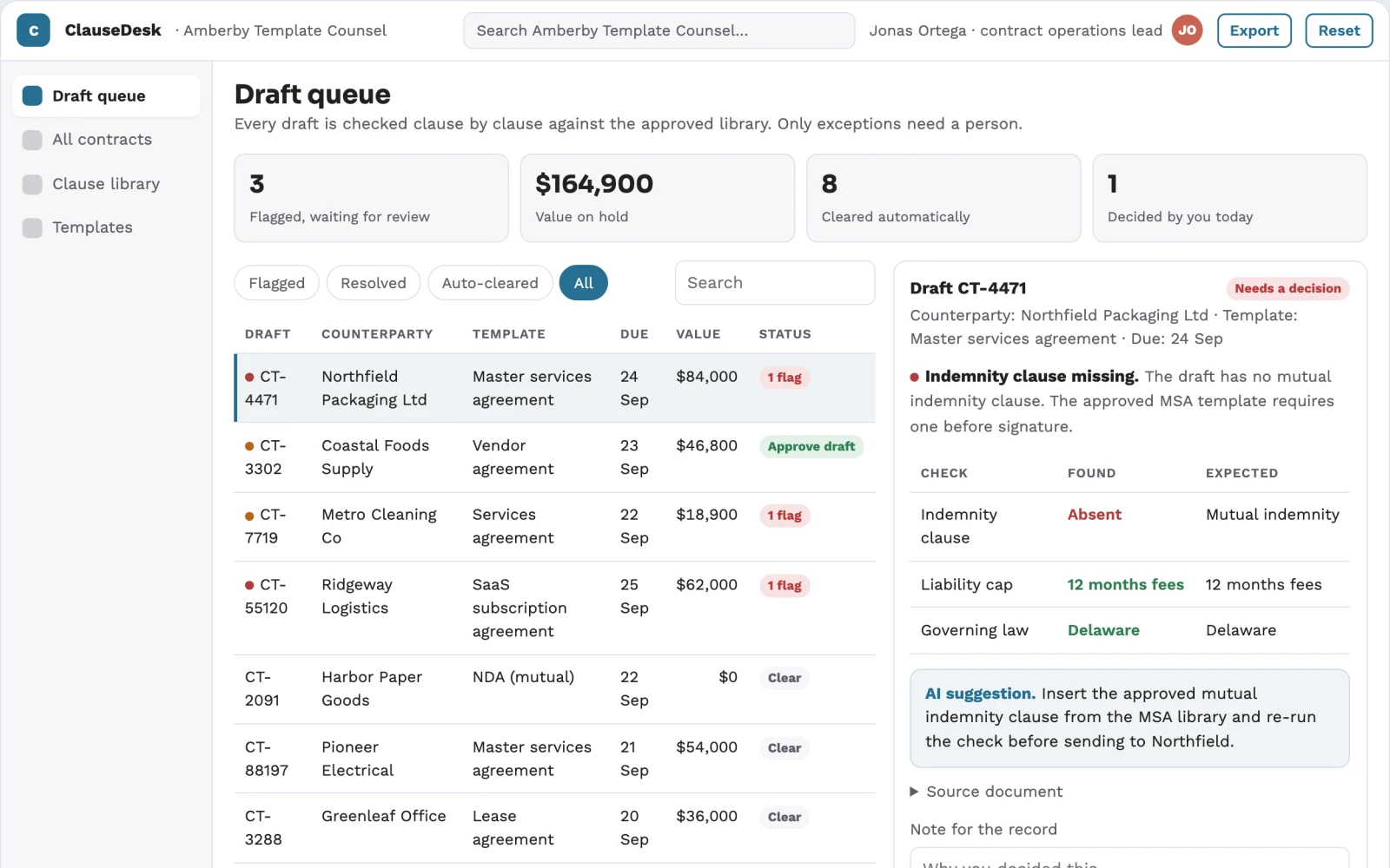 Screenshot of the Standard contract drafting and review portal interactive demo