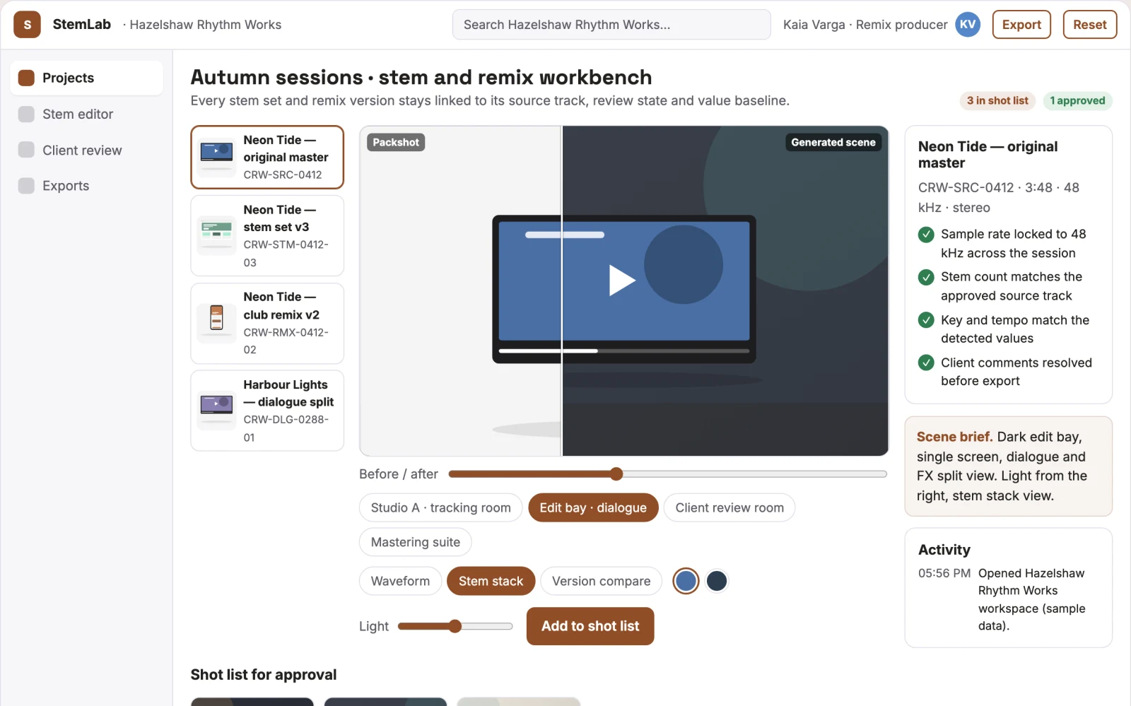 Screenshot of the Stem separation and remix production workbench interactive demo