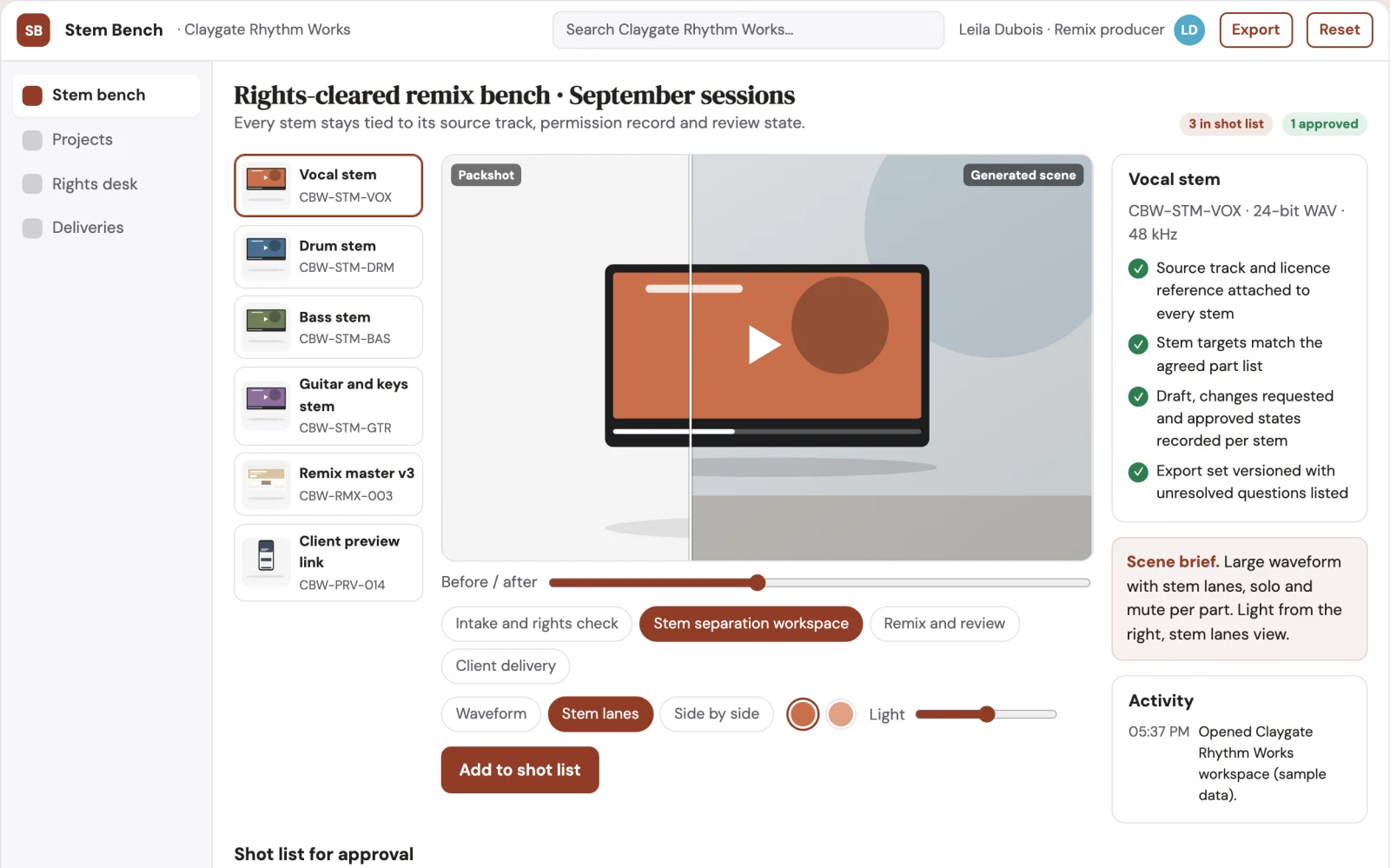 Screenshot of the Stem separation and remix production workbench interactive demo
