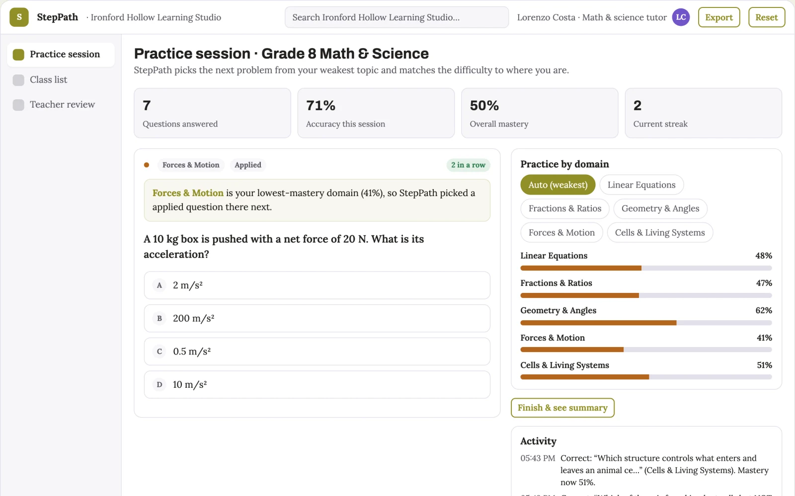 Screenshot of the Step-by-step tutoring and homework practice platform interactive demo