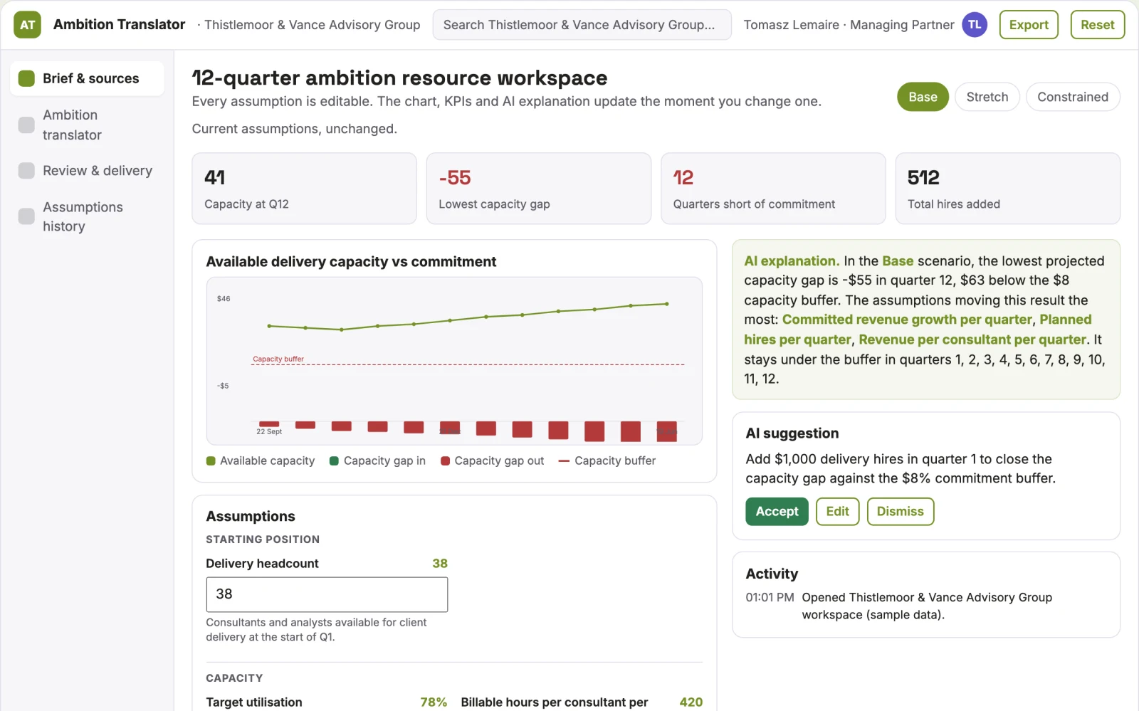 Screenshot of the Strategic ambition resource translator interactive demo