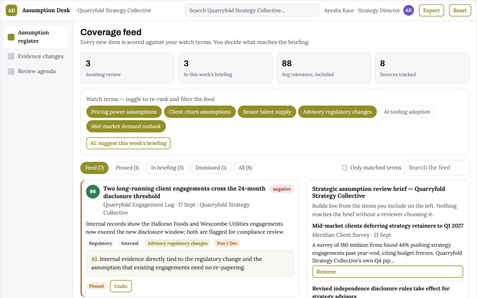 Screenshot of the Strategic assumption expiry desk interactive demo