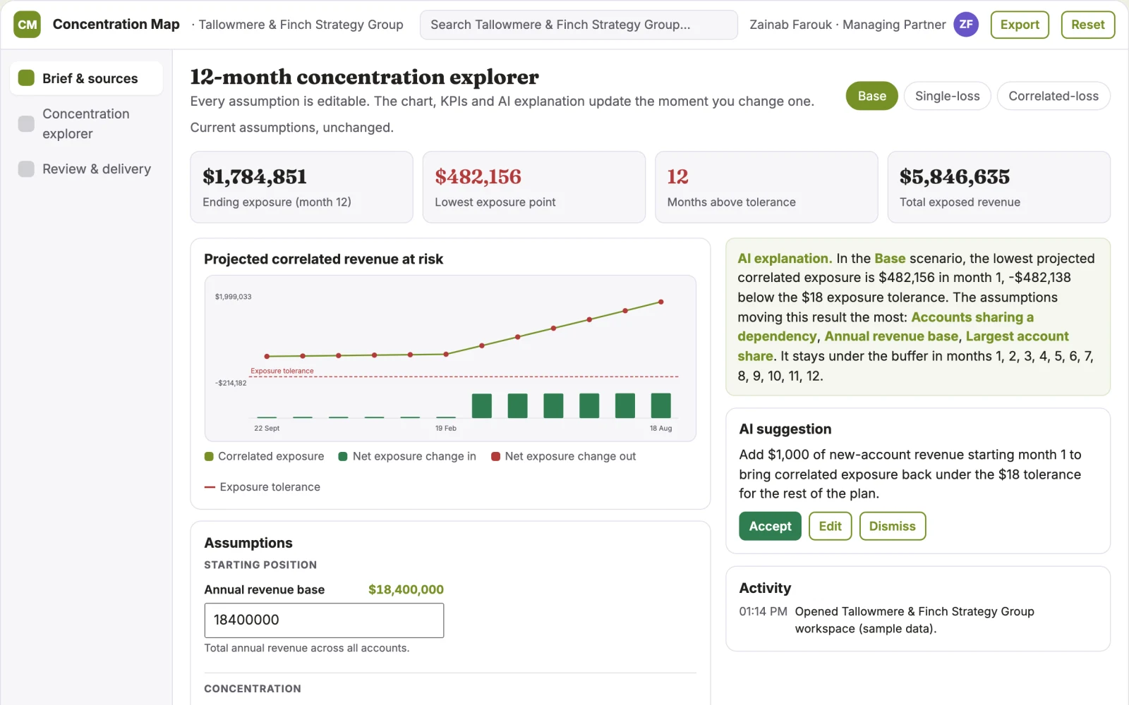 Screenshot of the Strategic customer concentration explorer interactive demo