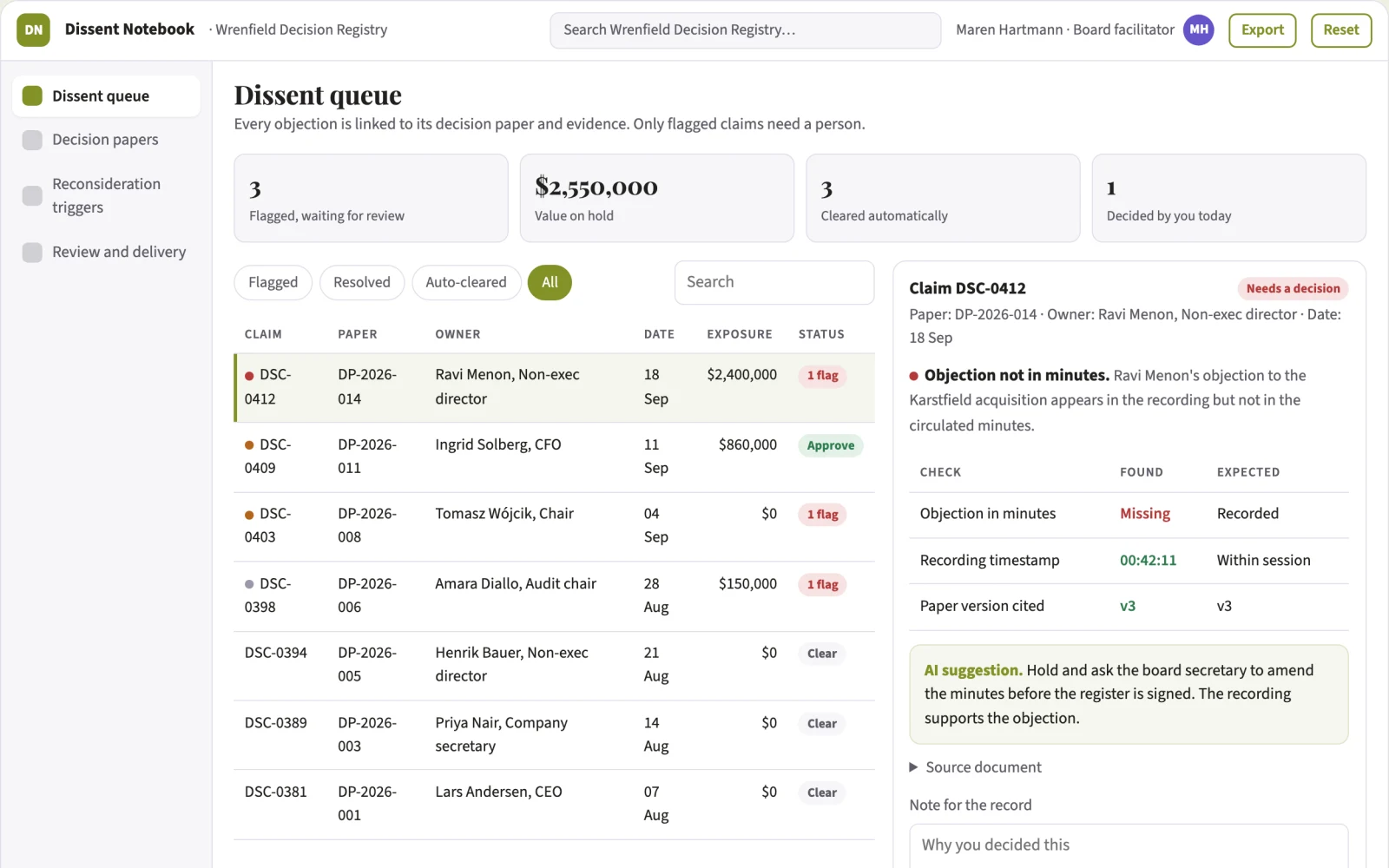 Screenshot of the Strategic dissent evidence notebook interactive demo
