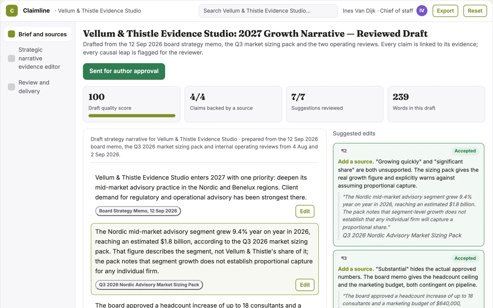 Screenshot of the Strategic narrative evidence editor interactive demo