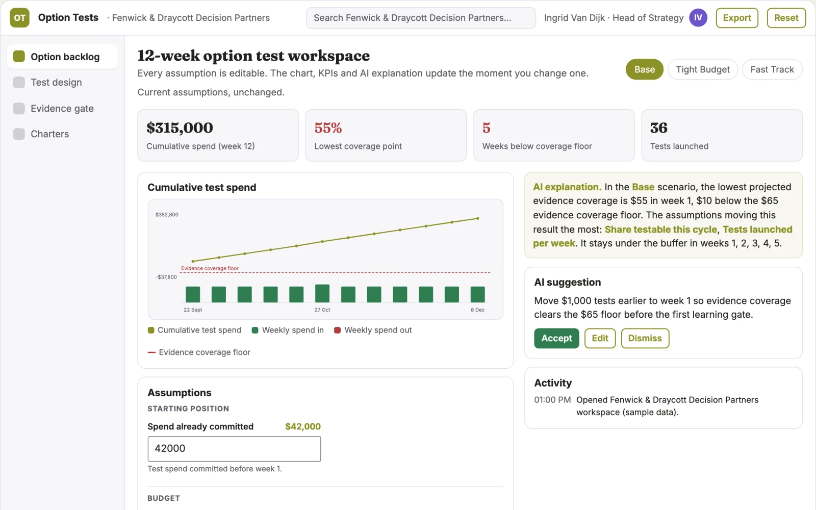Screenshot of the Strategic option experiment designer interactive demo
