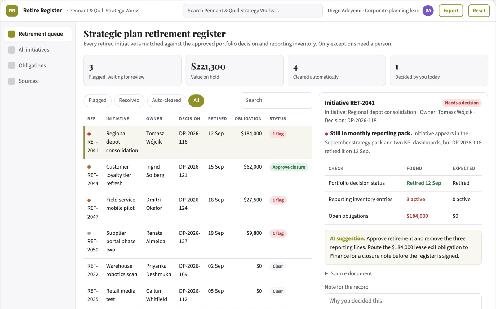 Screenshot of the Strategic plan retirement register interactive demo