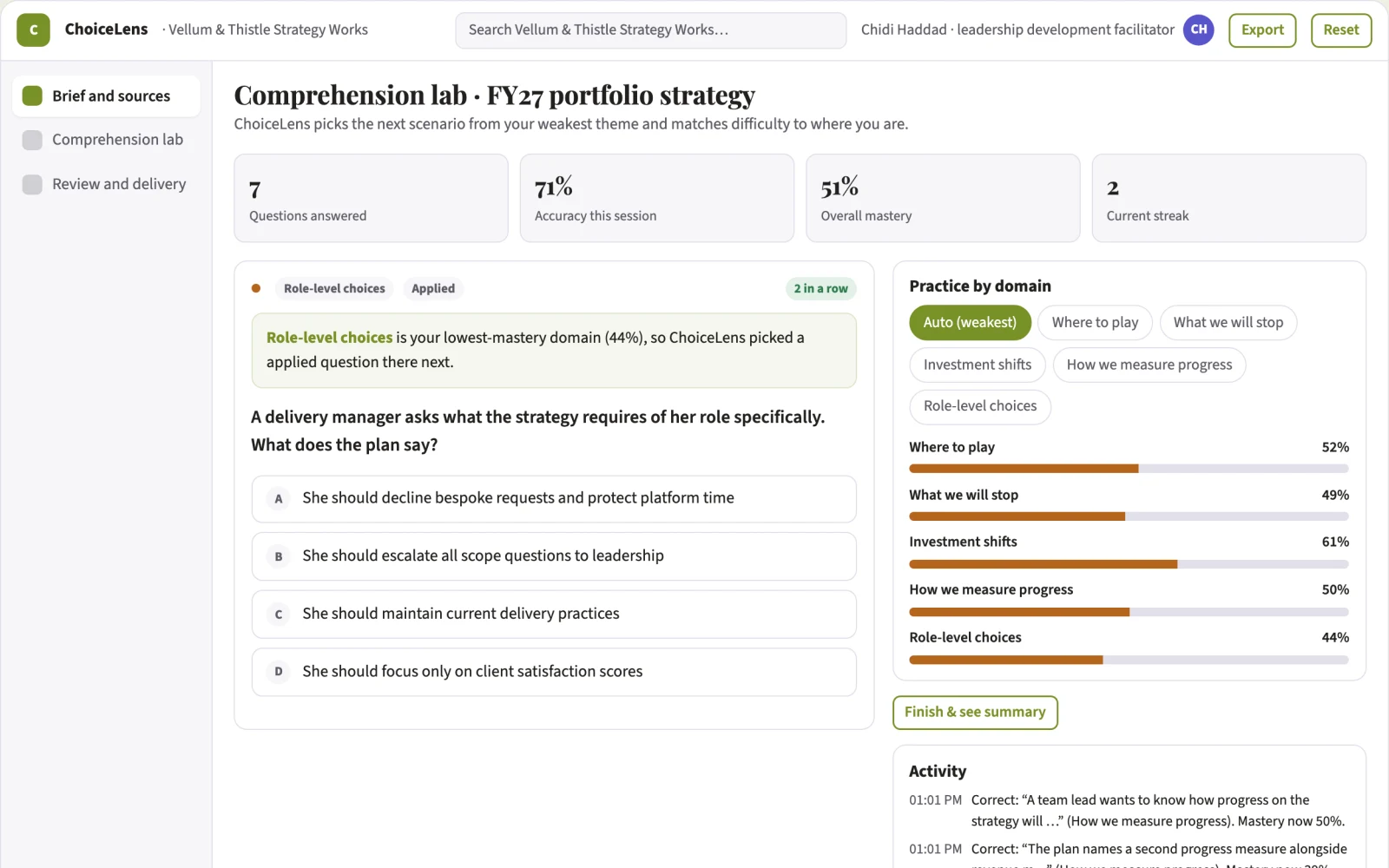 Screenshot of the Strategy communication comprehension lab interactive demo