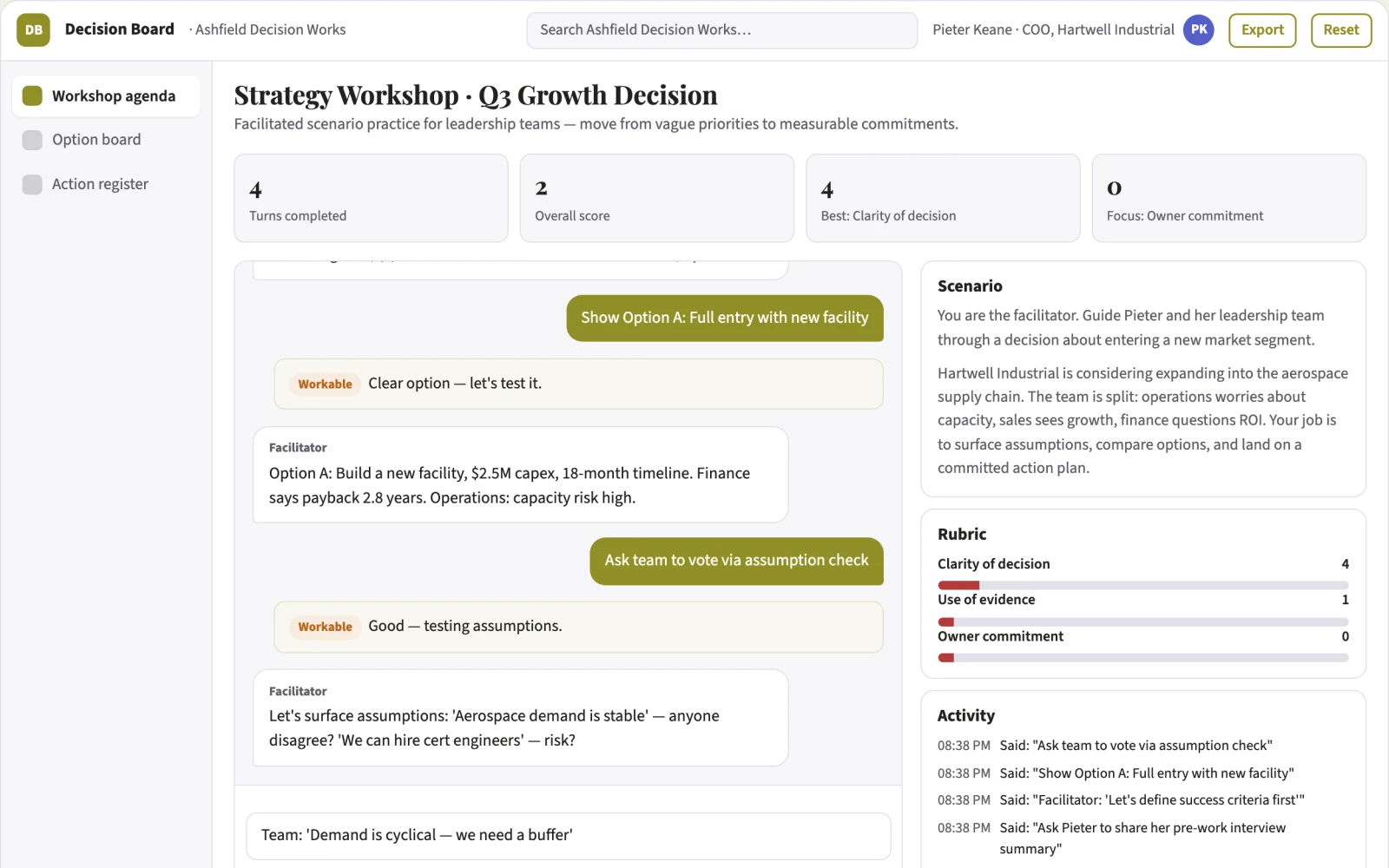 Demo screen of Strategy workshop business