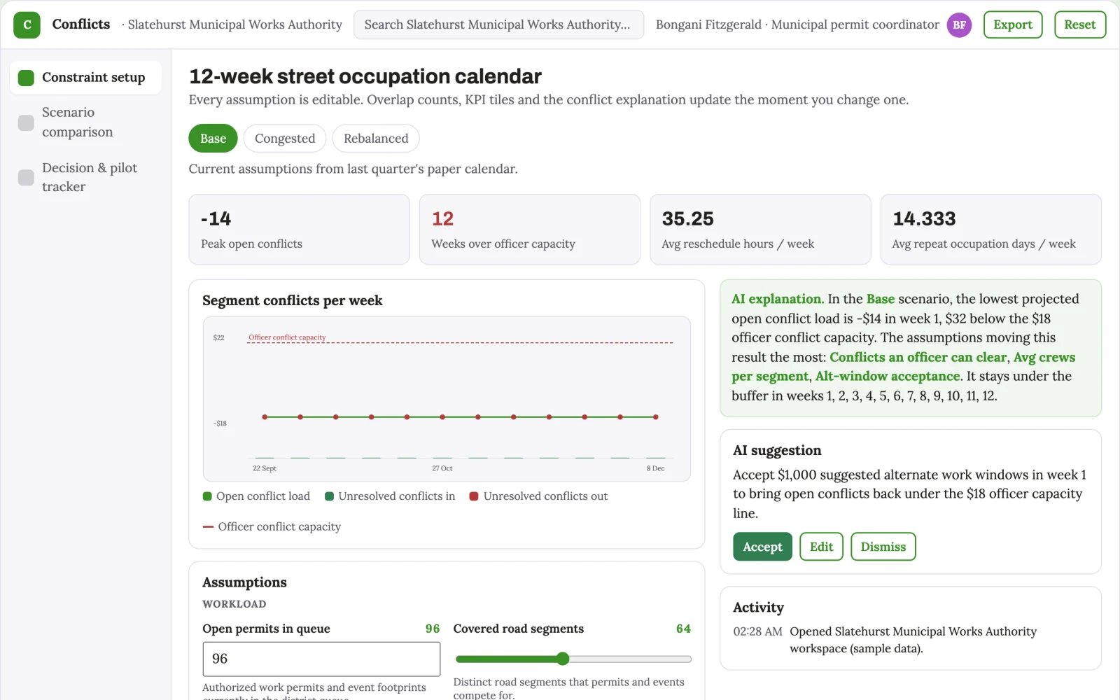 Screenshot of the Street occupation conflict calendar interactive demo