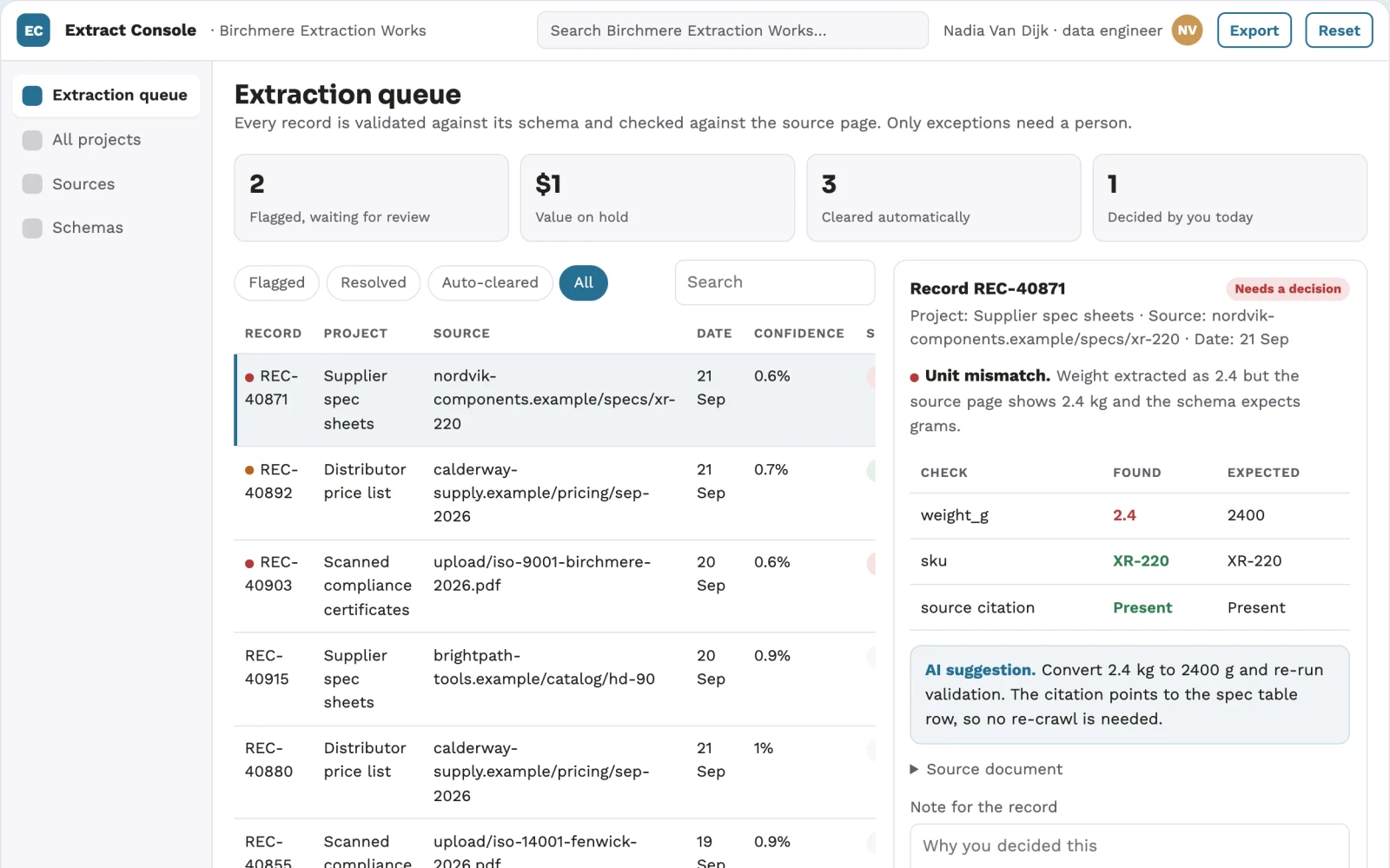 Screenshot of the Structured data extraction and stewardship console interactive demo