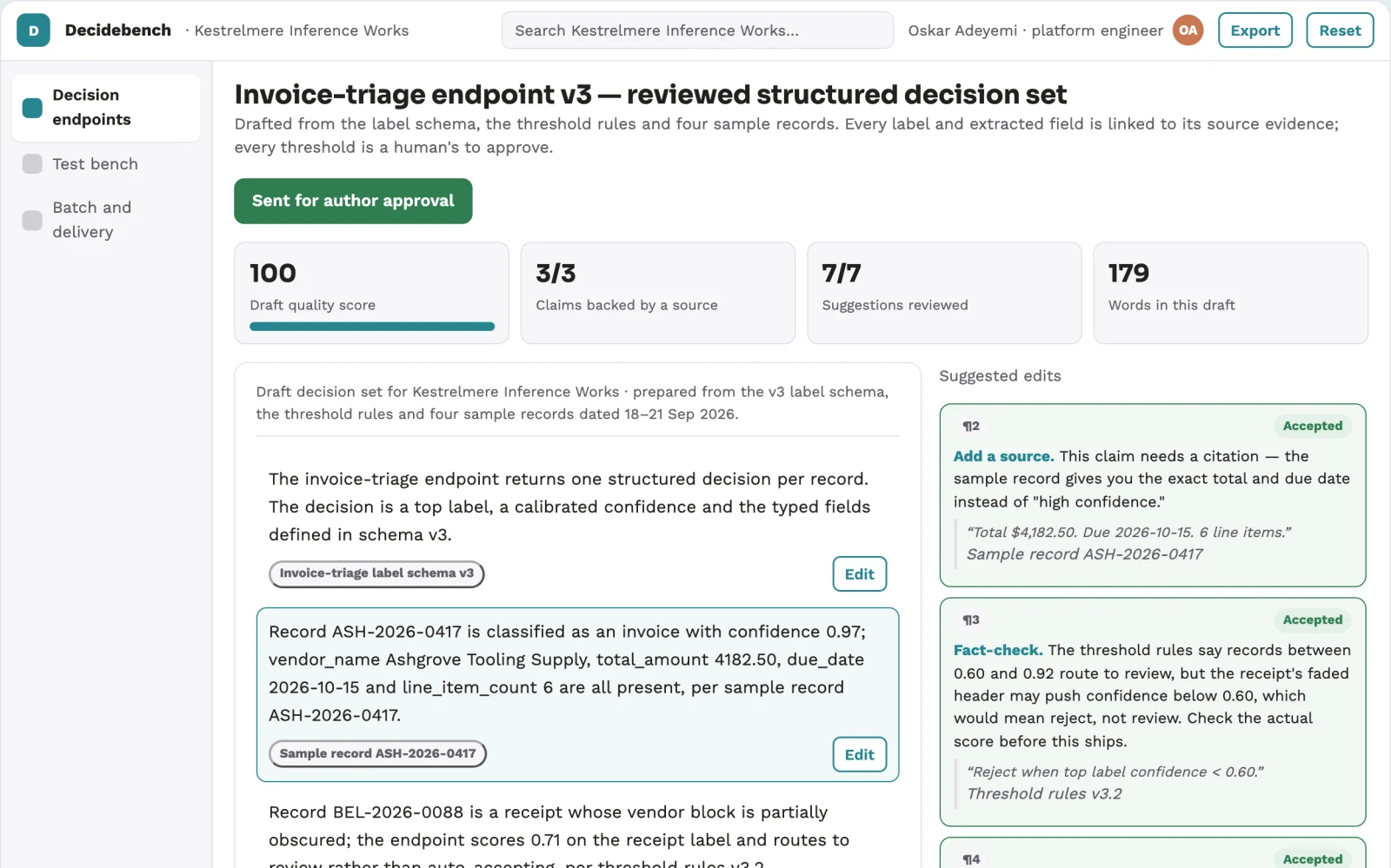 Screenshot of the Structured decision API workbench interactive demo