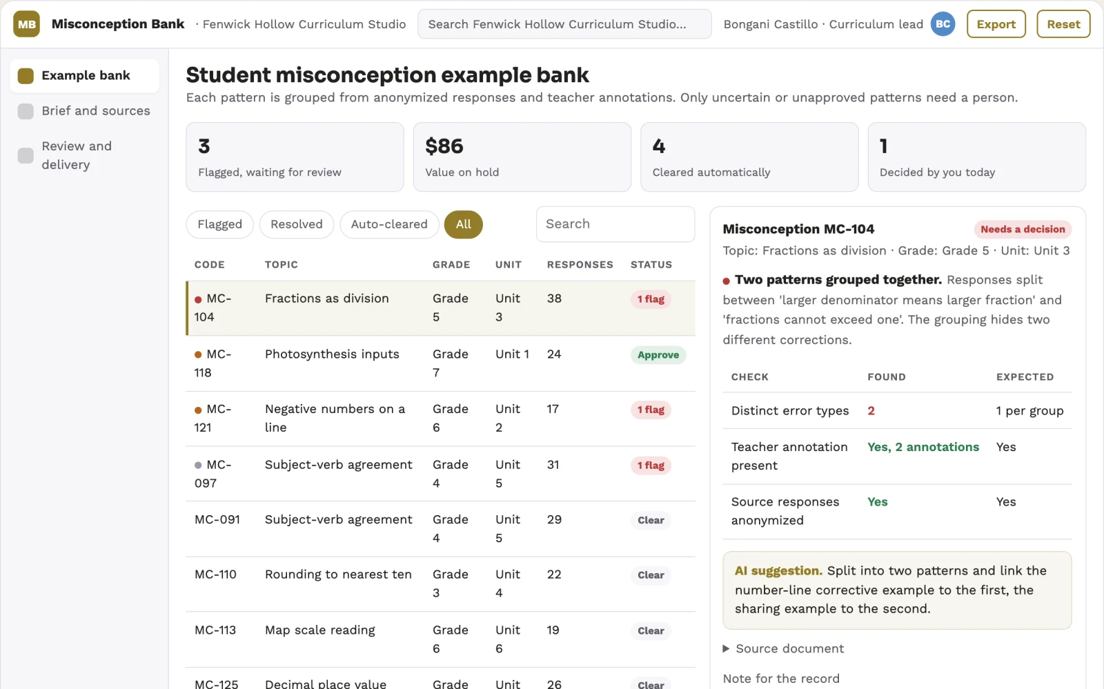 Screenshot of the Student misconception example bank interactive demo