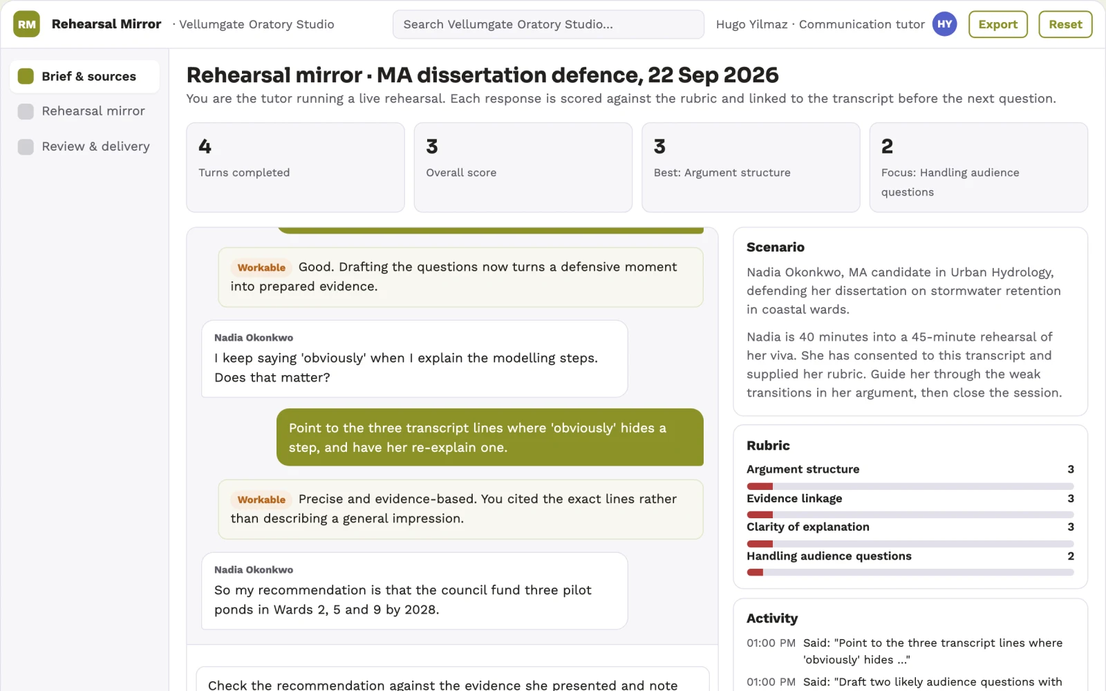 Screenshot of the Student presentation rehearsal mirror interactive demo