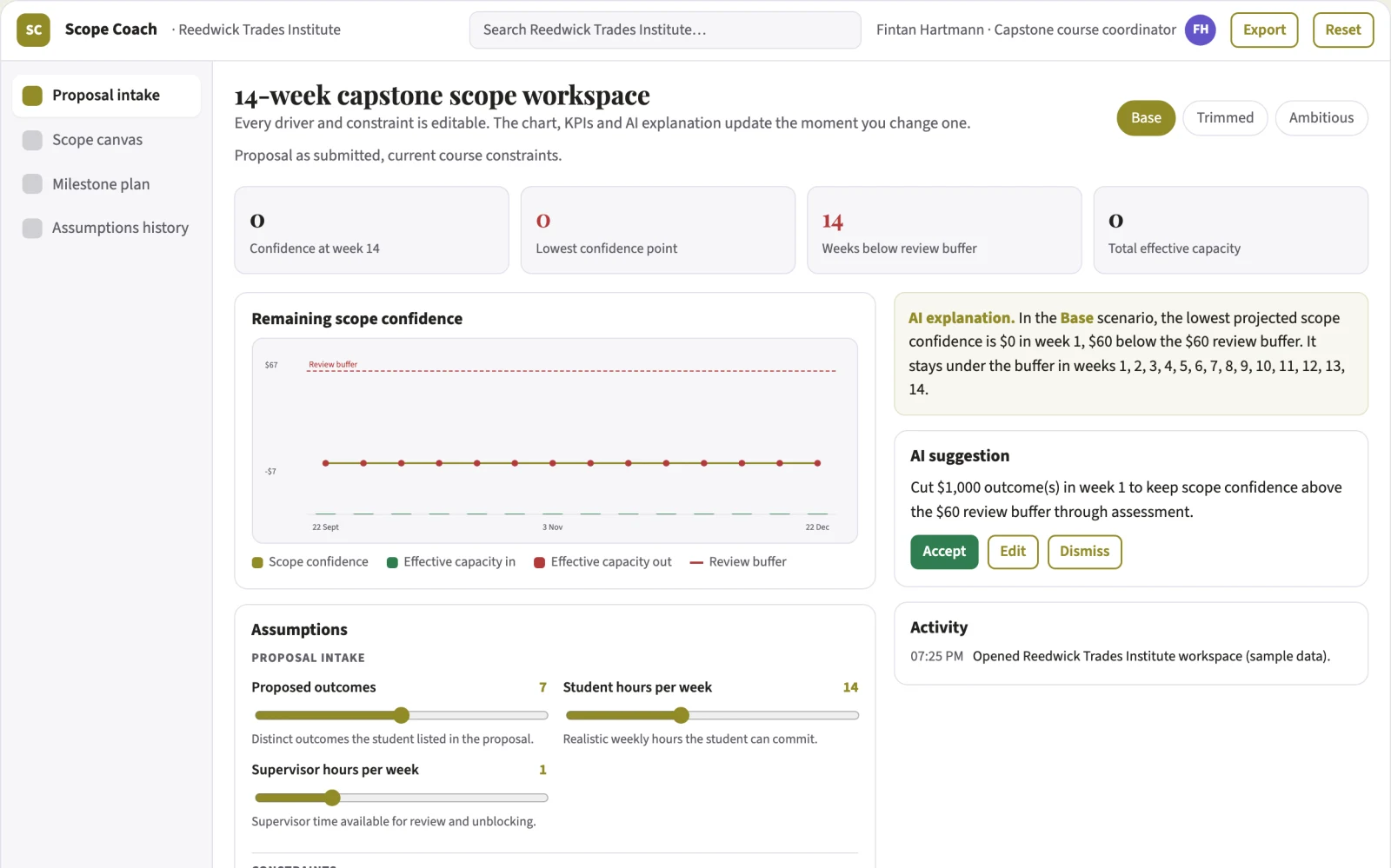 Screenshot of the Student project scope coach interactive demo