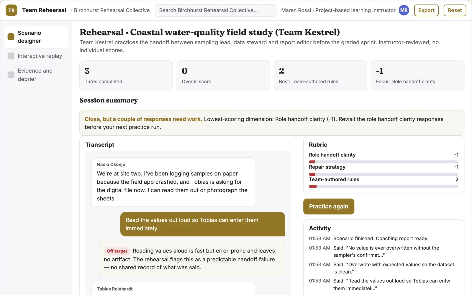 Screenshot of the Student team project contribution rehearsal interactive demo