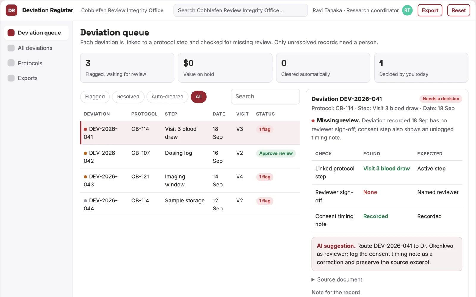 Screenshot of the Study deviation evidence register interactive demo