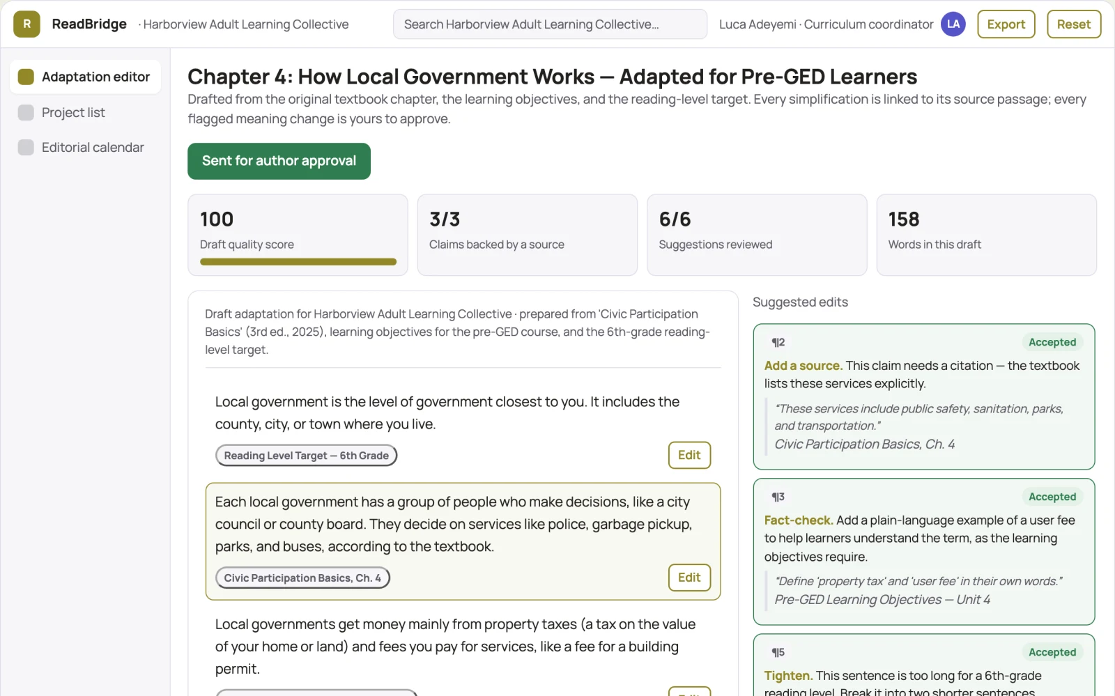 Demo screen of Study material adaptation service