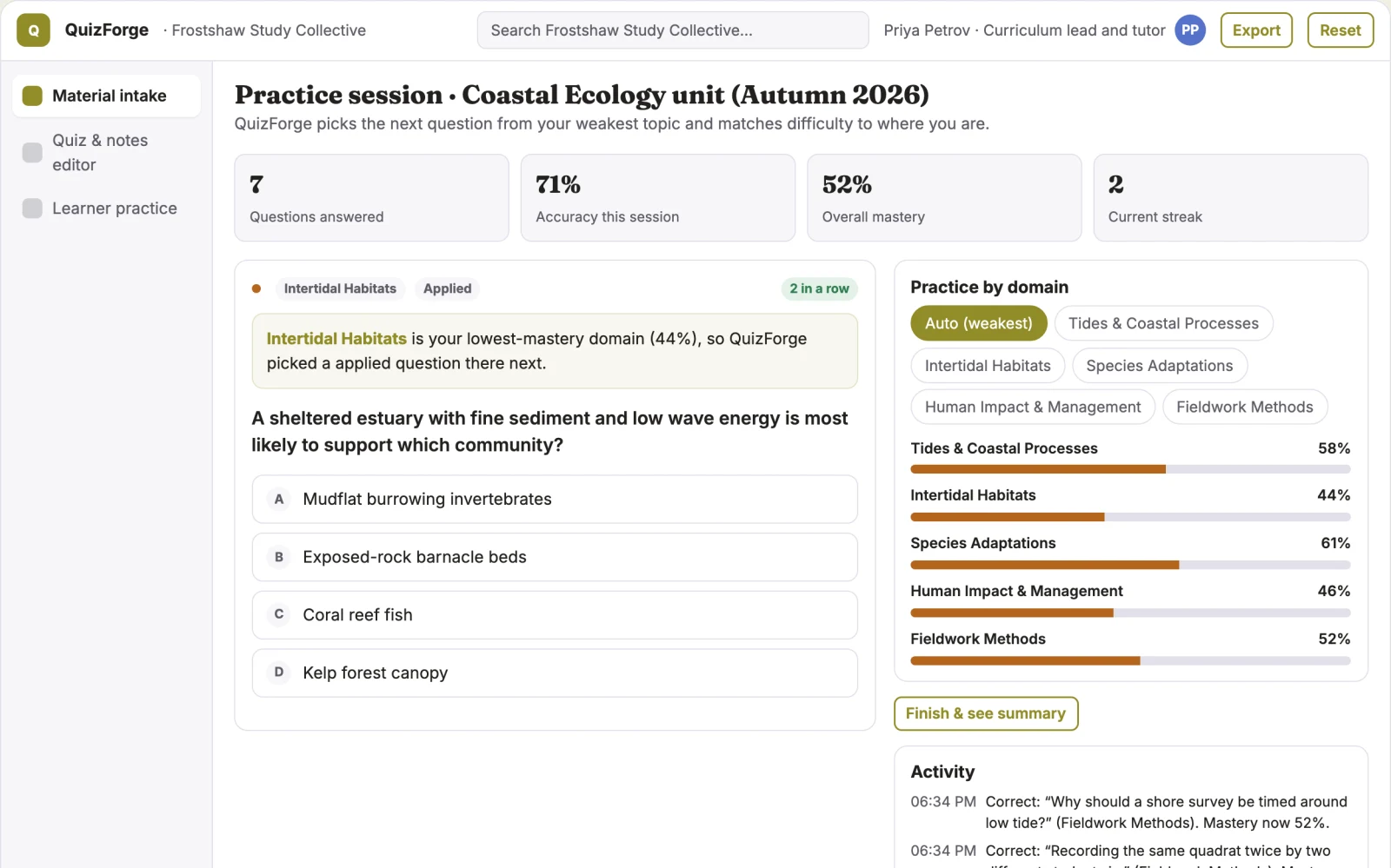 Screenshot of the Study material to quiz and notes workbench interactive demo