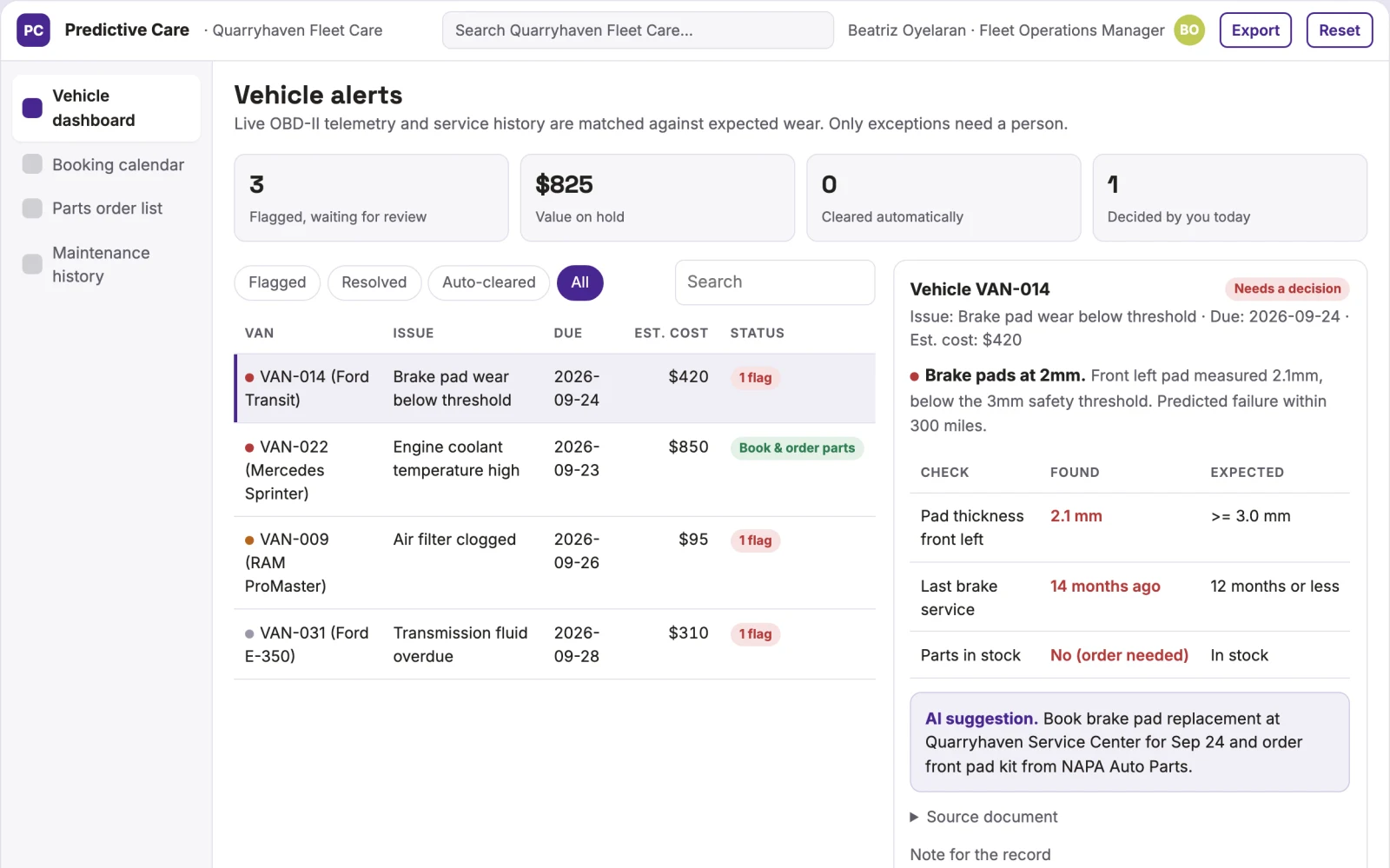 Demo screen of Predictive Car Care Agent