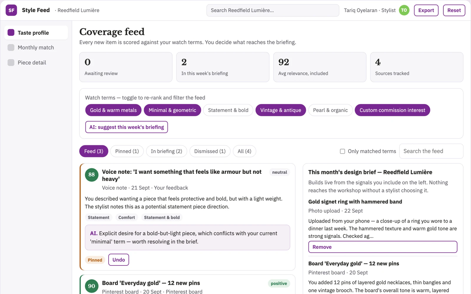 Demo screen of Personal Jewellery Stylist