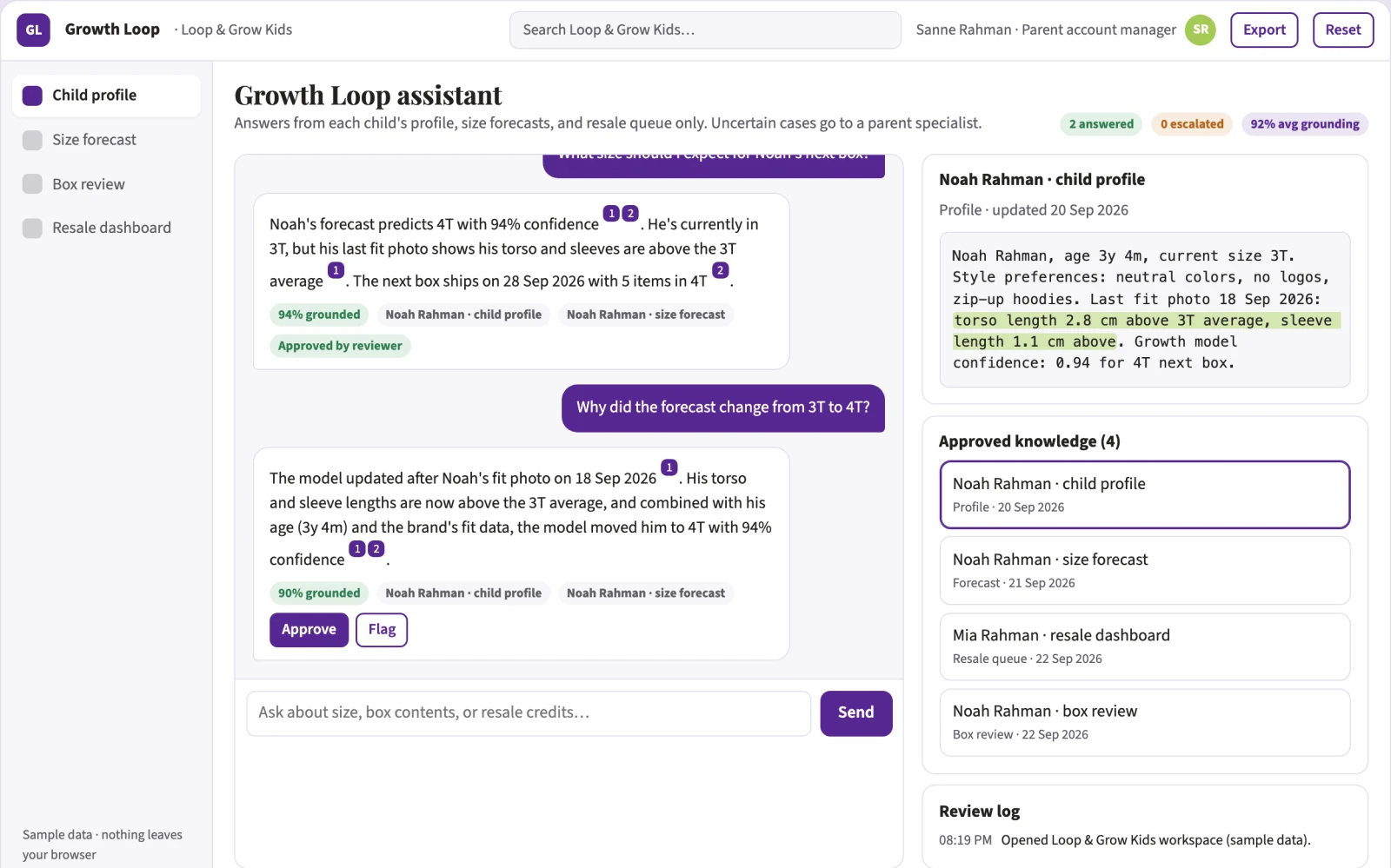 Demo screen of GrowthFit Clothing Cycle