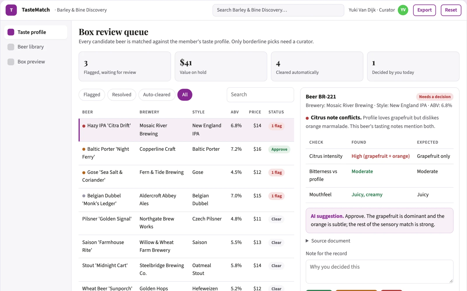 Demo screen of TasteMatch Beer Curator
