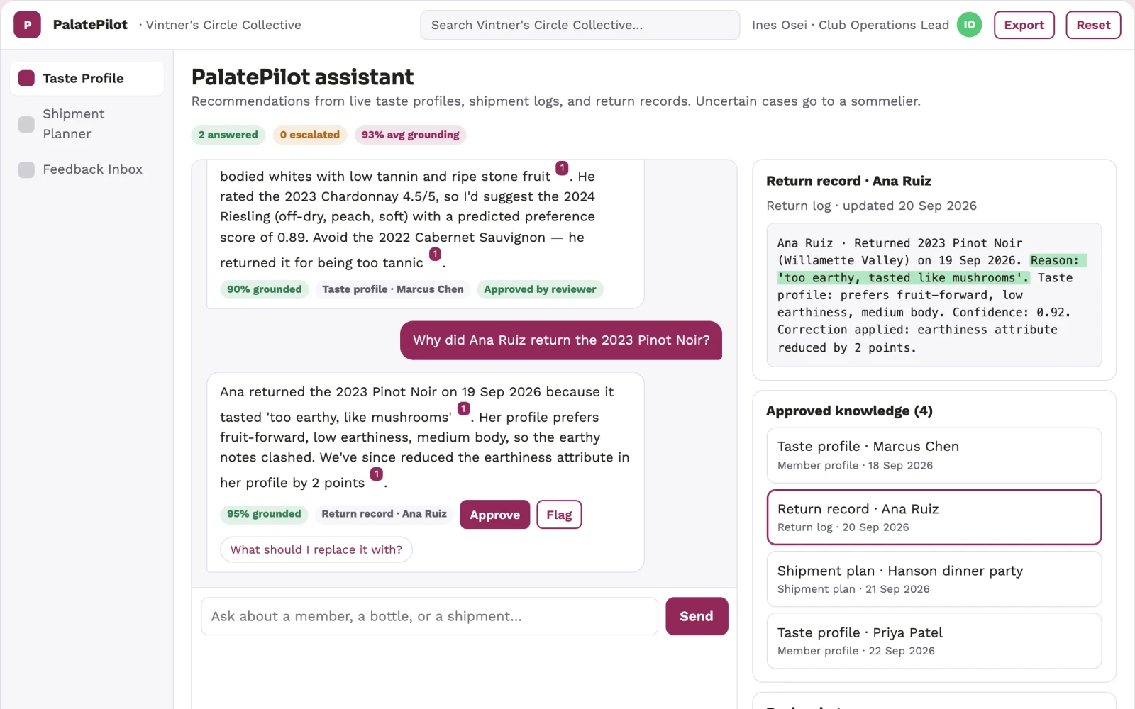 Demo screen of PalatePilot Wine Club