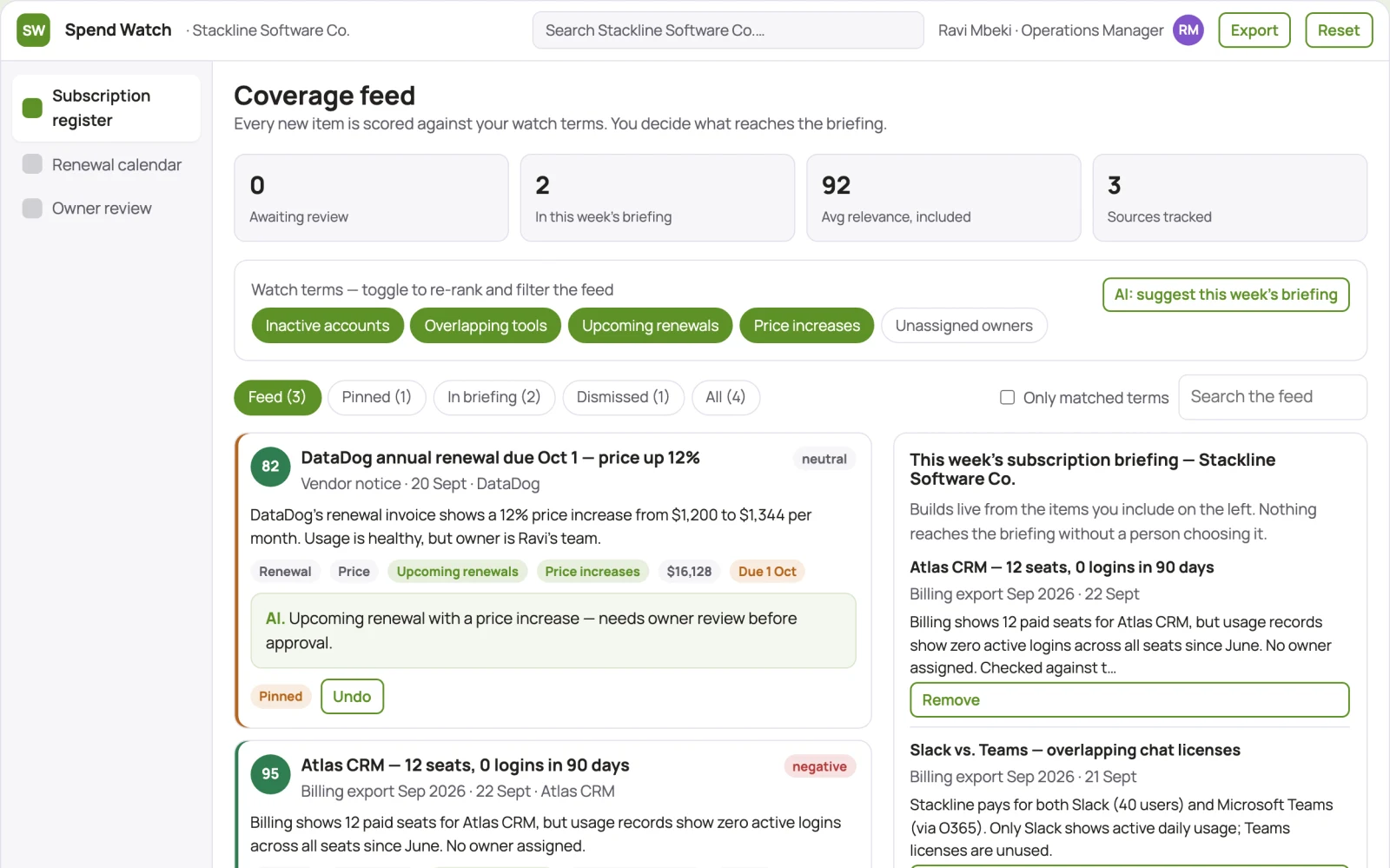 Demo screen of Subscription spending monitor