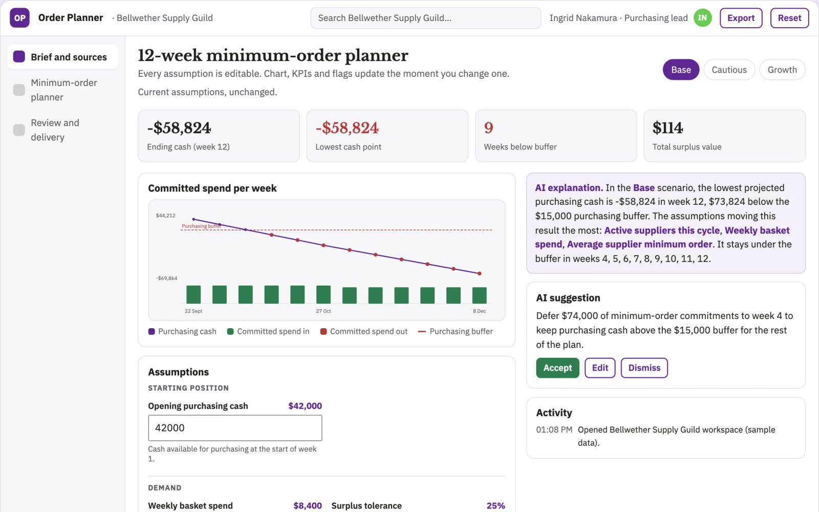 Screenshot of the Supplier minimum-order scenario planner interactive demo