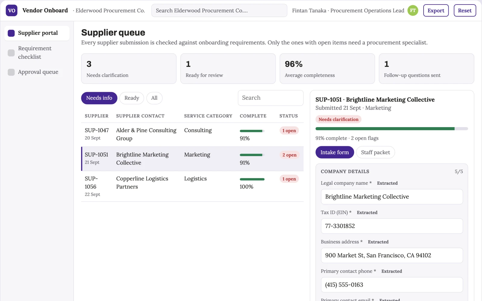 Demo screen of Supplier onboarding portal
