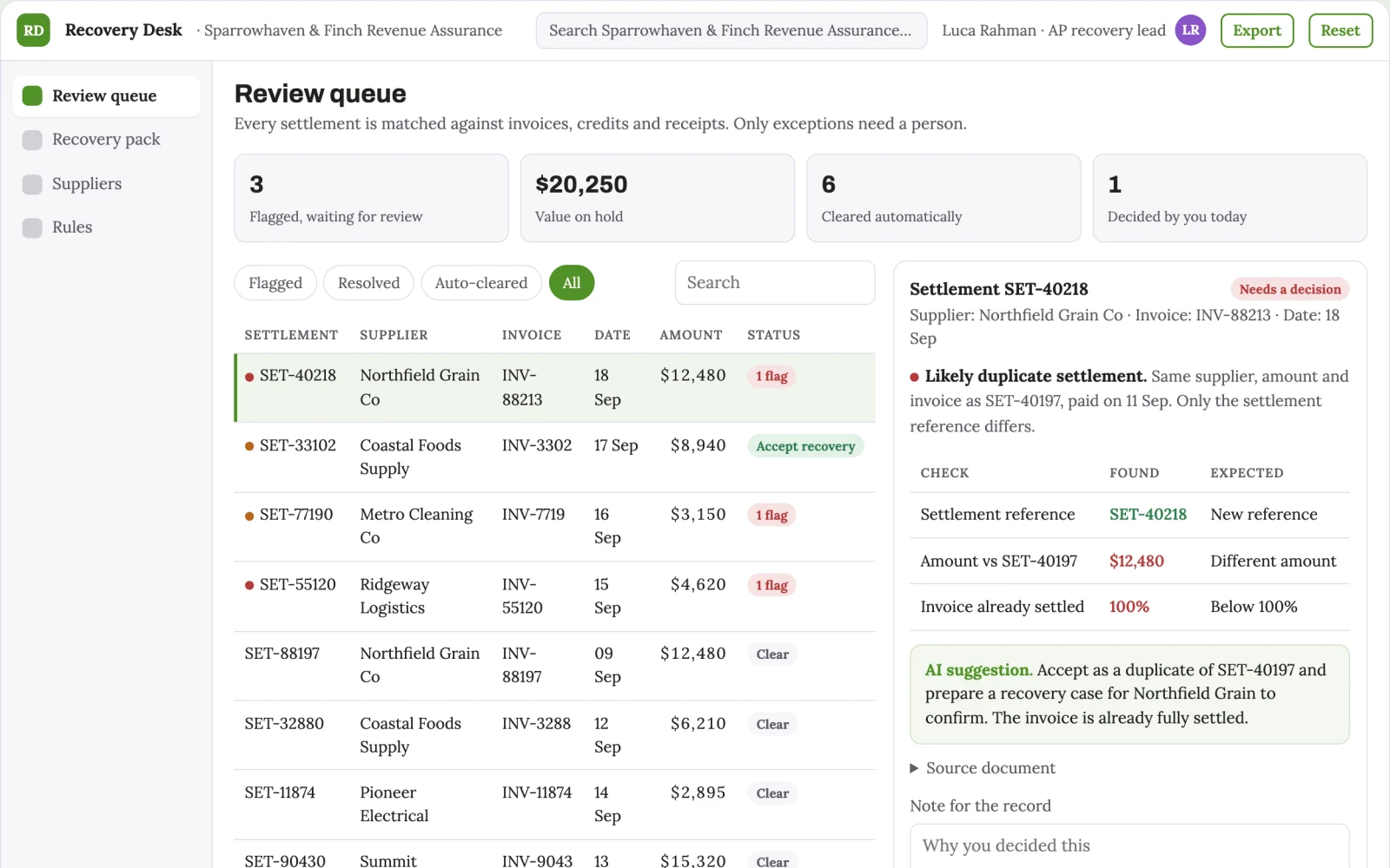 Screenshot of the Supplier overpayment recovery workspace interactive demo