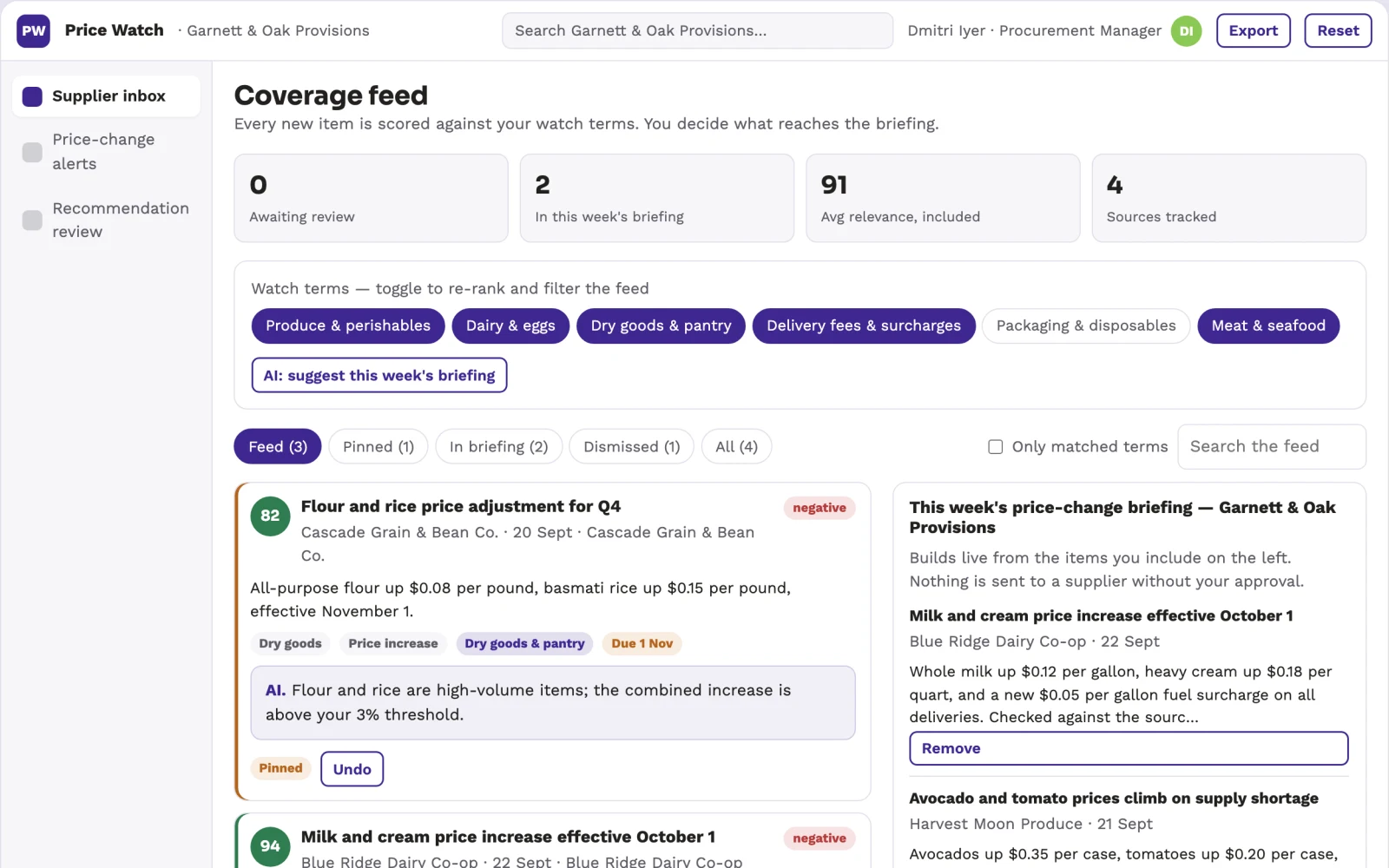Demo screen of Supplier Price Watch