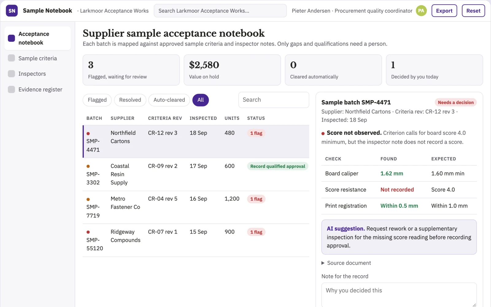 Screenshot of the Supplier sample acceptance notebook interactive demo