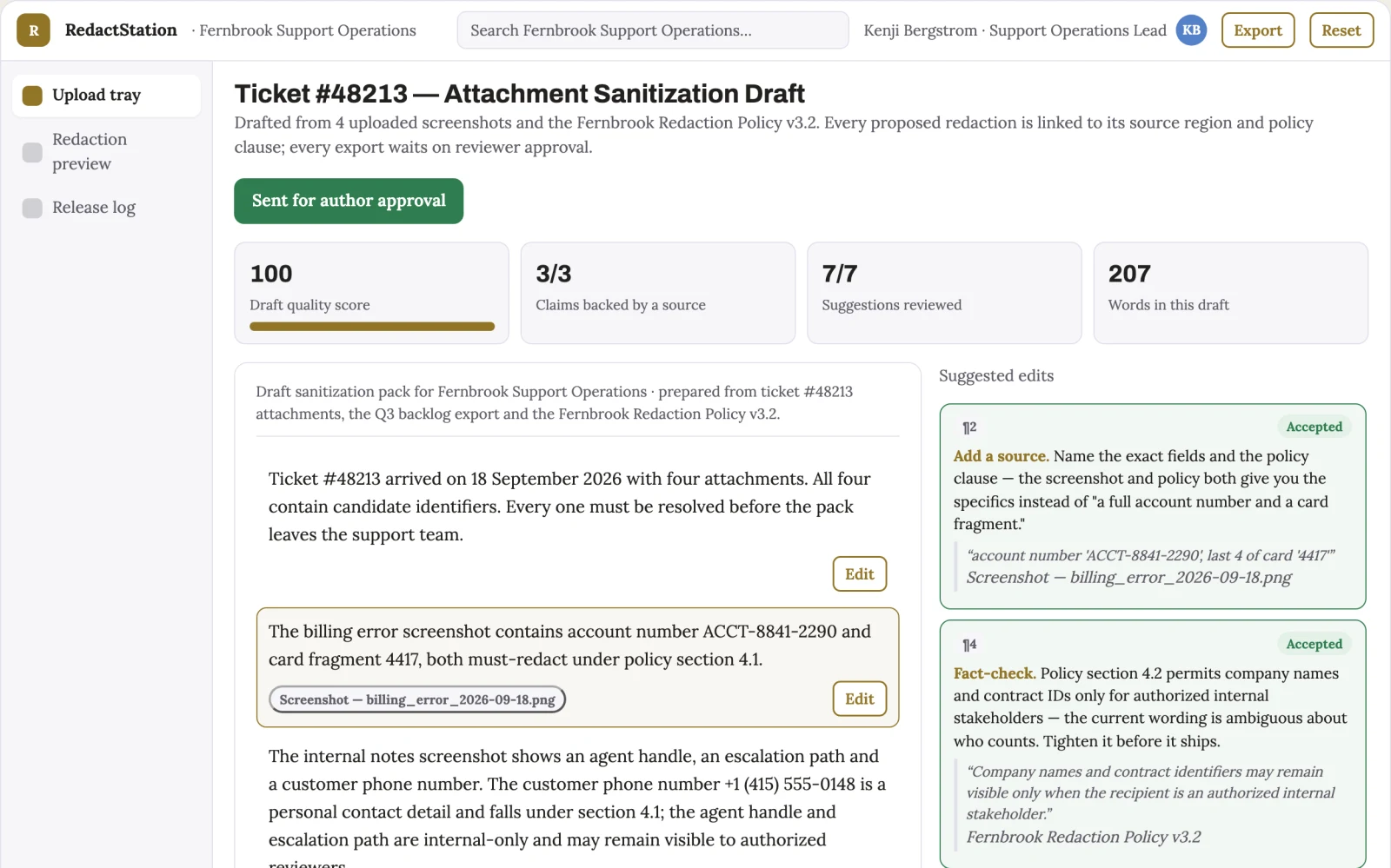 Screenshot of the Support attachment redaction station interactive demo