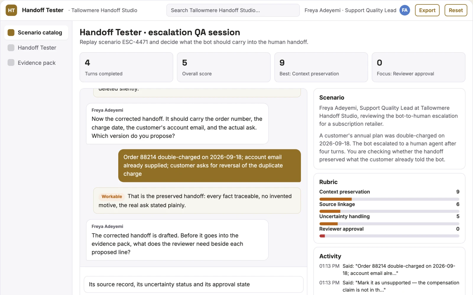 Screenshot of the Support bot handoff context tester interactive demo