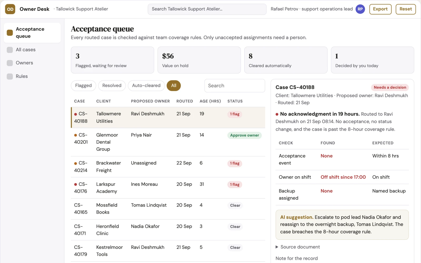 Screenshot of the Support case owner acceptance desk interactive demo