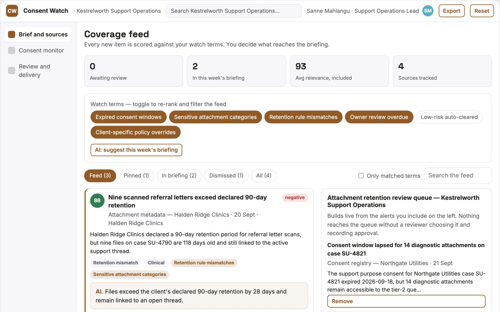 Screenshot of the Support consent expiration monitor interactive demo