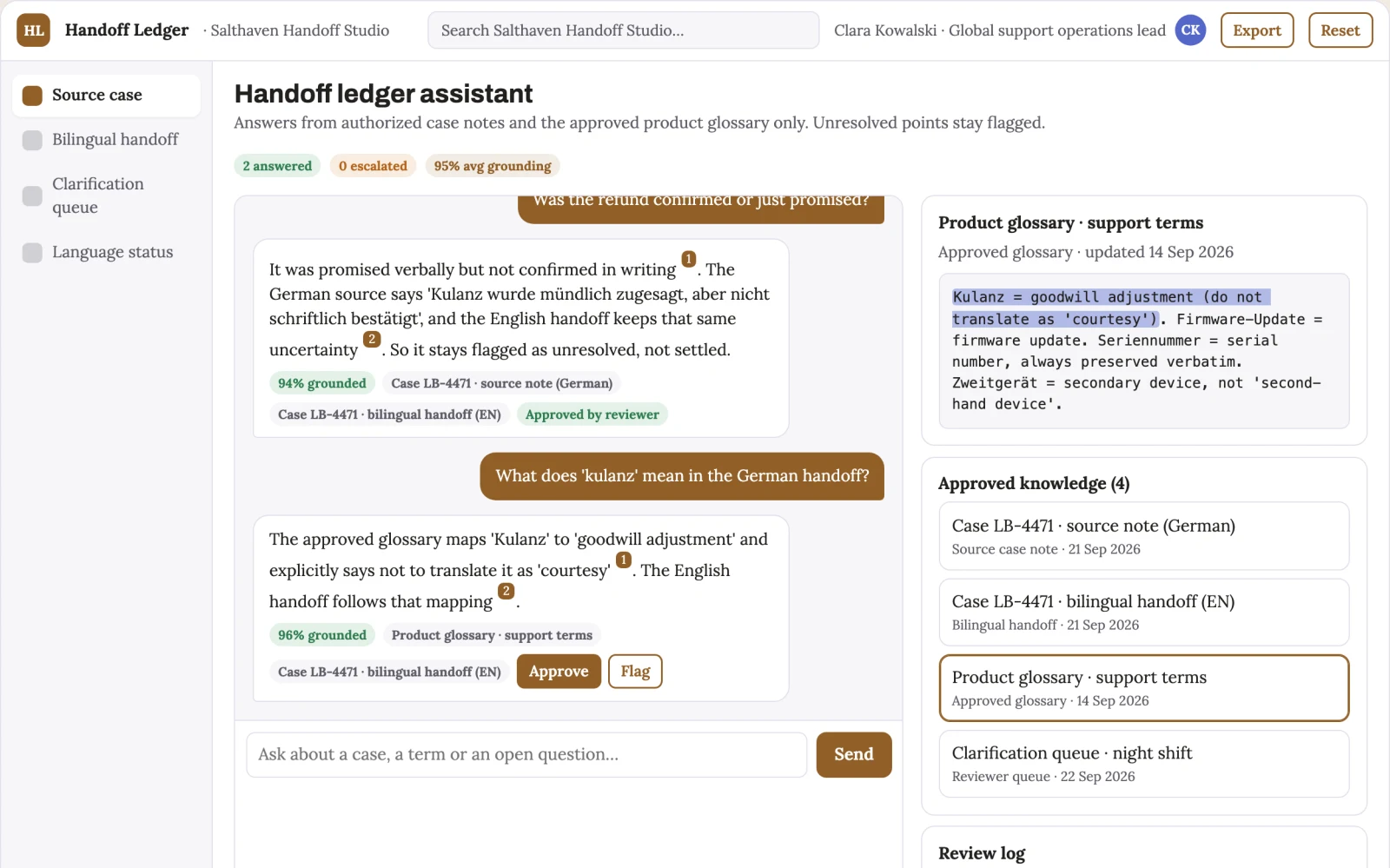 Screenshot of the Support handoff translation ledger interactive demo