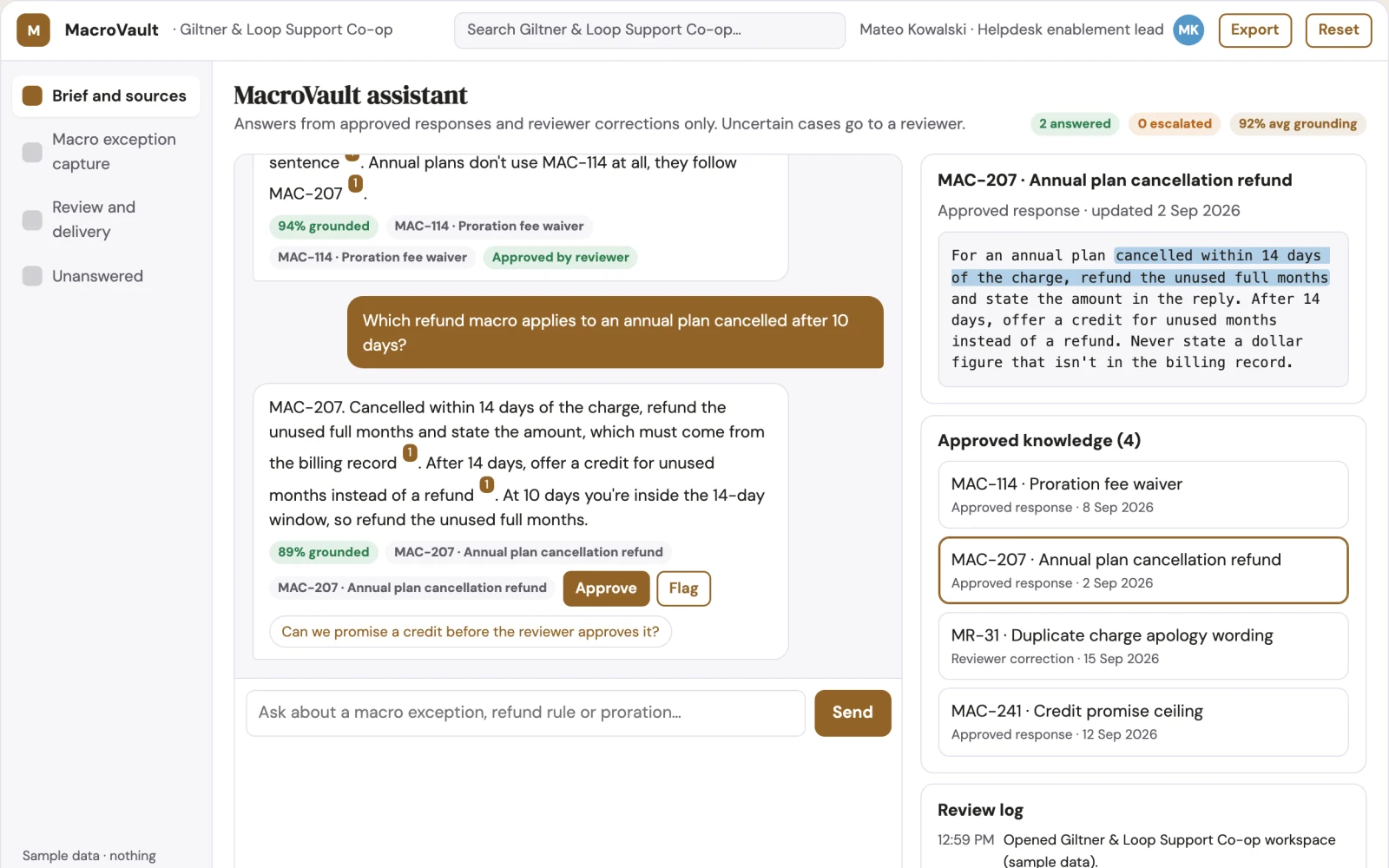 Screenshot of the Support macro exception capture interactive demo