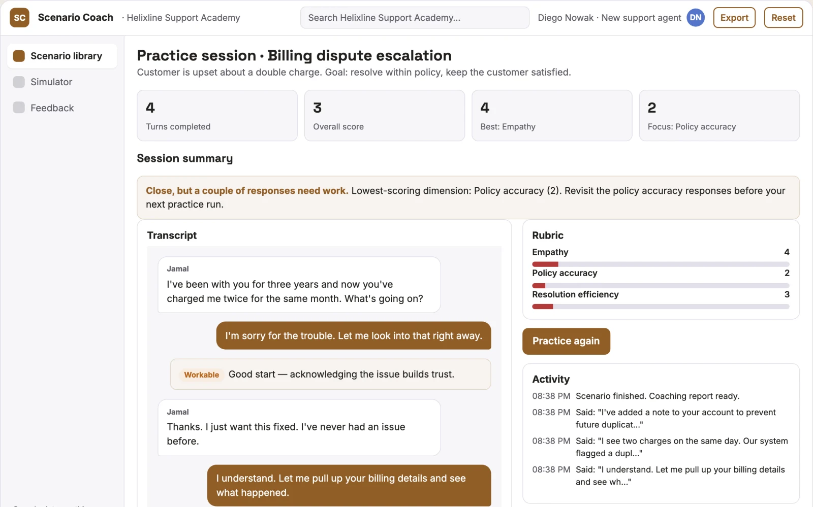Demo screen of Support onboarding simulator