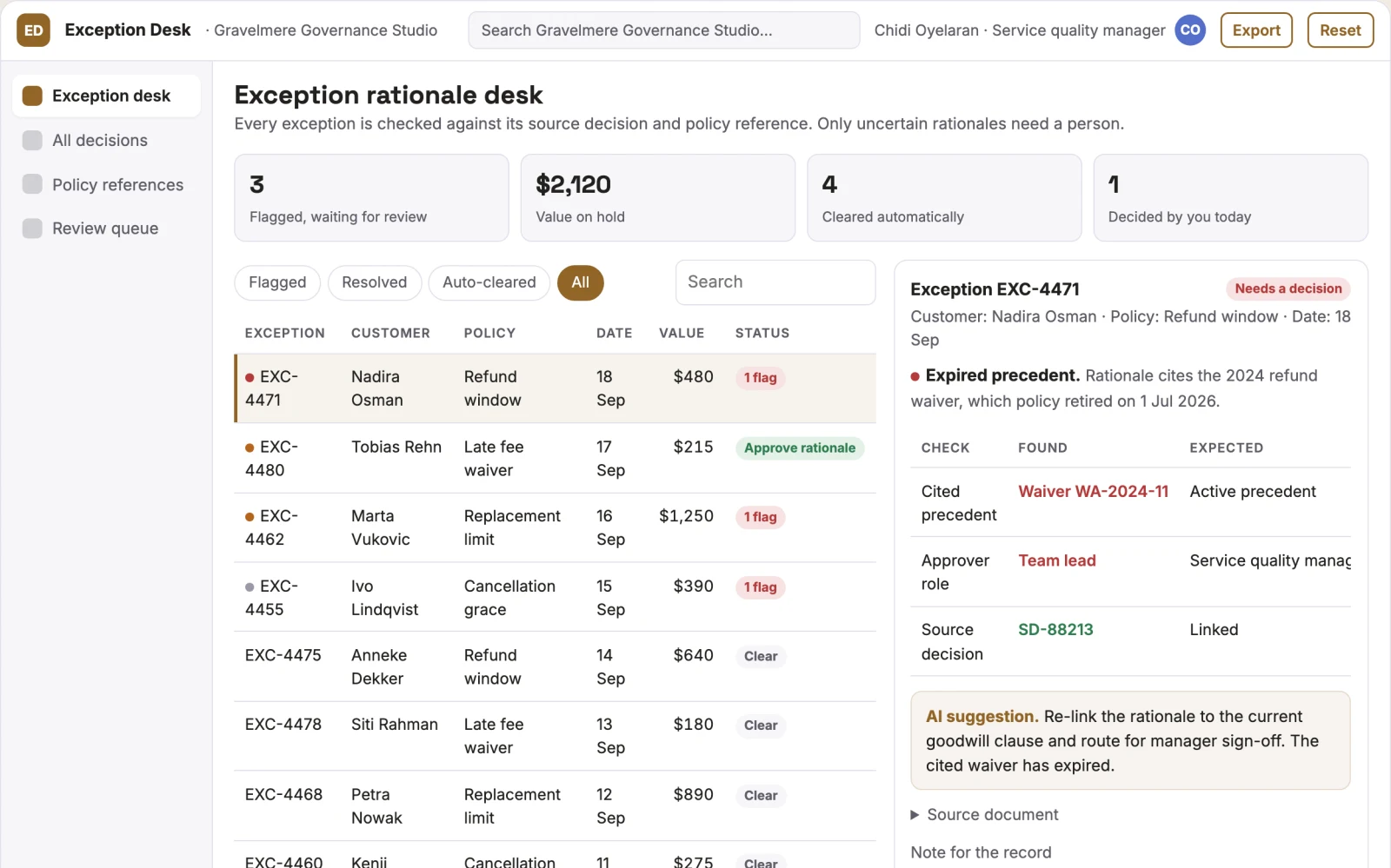 Screenshot of the Support policy exception rationale desk interactive demo